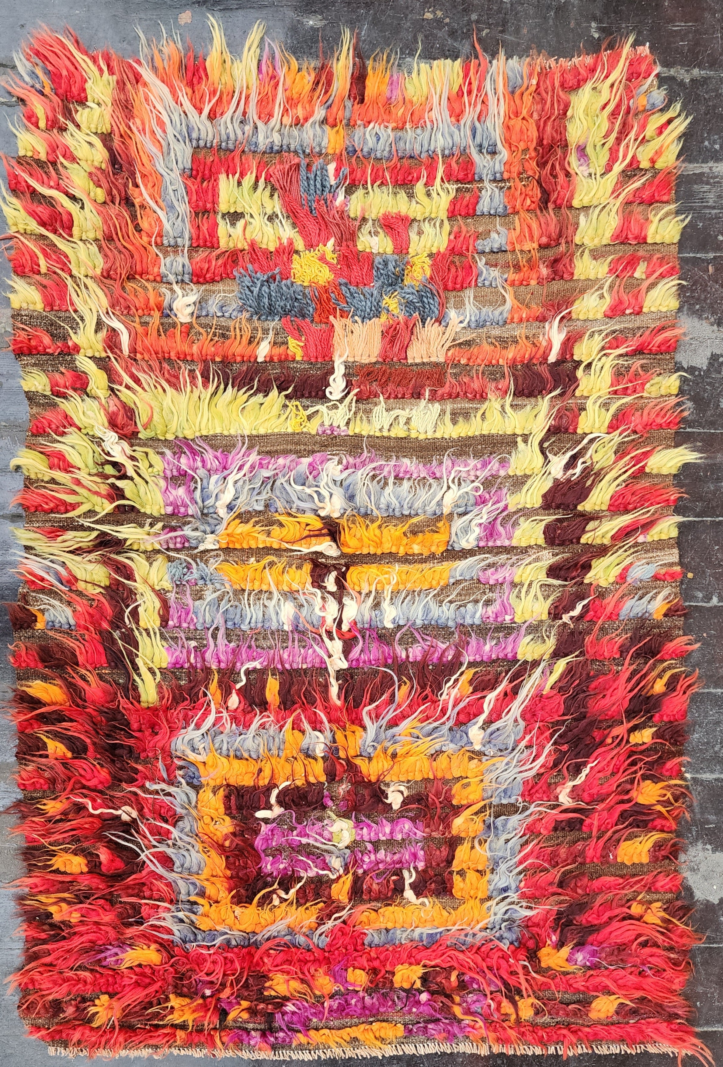 Turkish Filikli Tulu Rug, 5 ft 2 in x 3 ft 5 in, Red, Orange, Purple and Yellow Shaggy Pile Kilim Handmade from Natural Wool