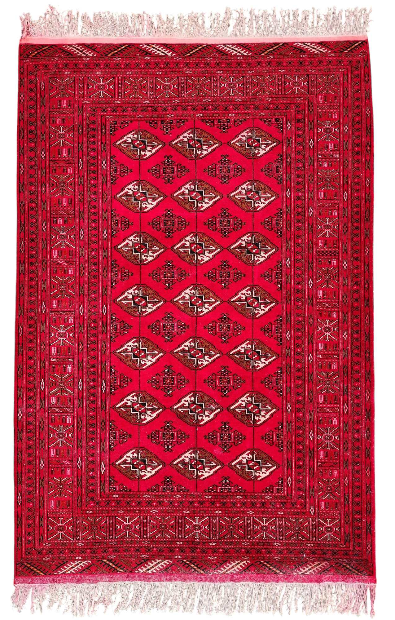 Vibrant Red Turcoman Rug with Geometric Motifs, 6 ft 8 in x 4 ft 8 in