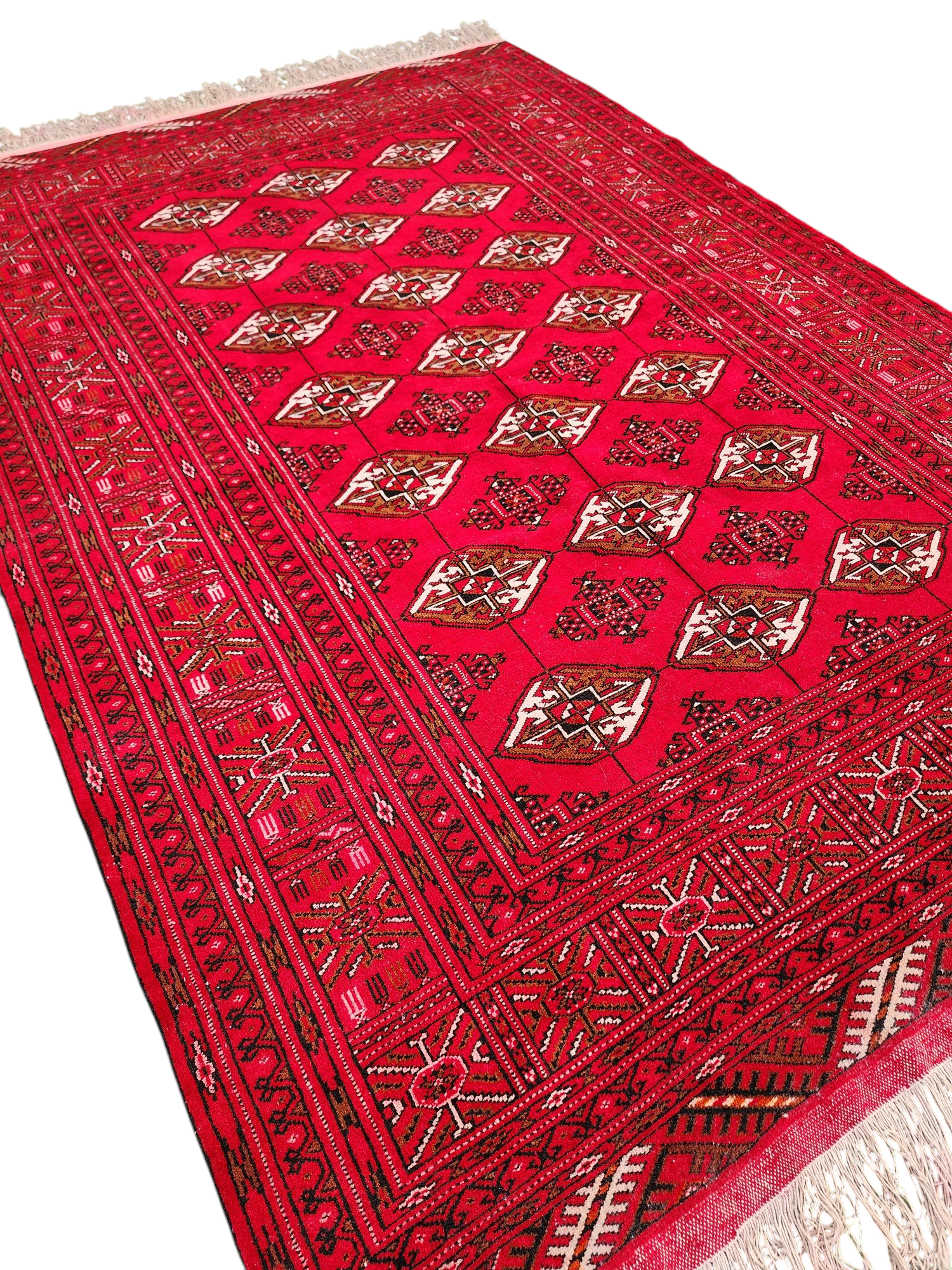 Vibrant Red Turcoman Rug with Geometric Motifs, 6 ft 8 in x 4 ft 8 in