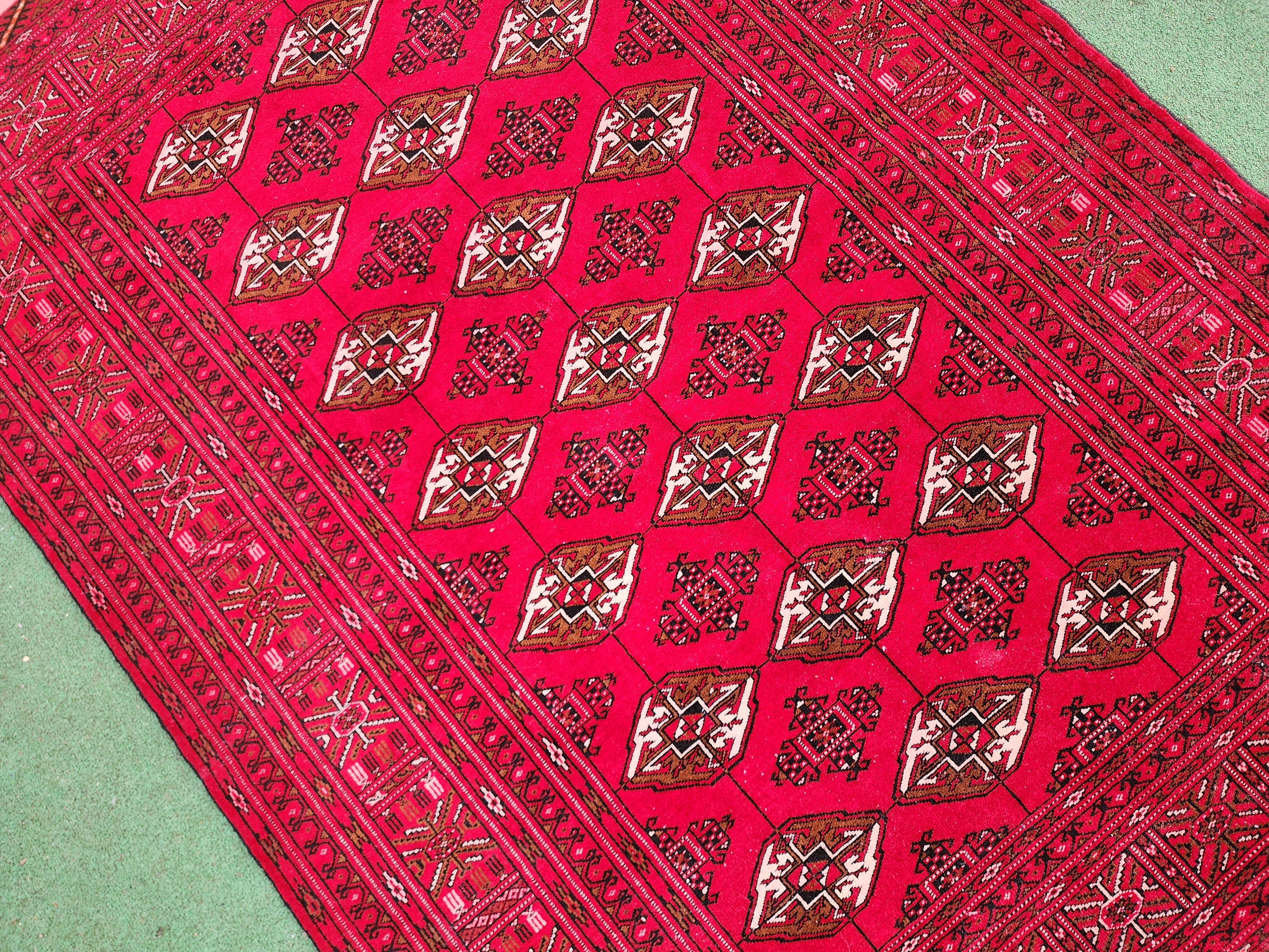 Vibrant Red Turcoman Rug with Geometric Motifs, 6 ft 8 in x 4 ft 8 in