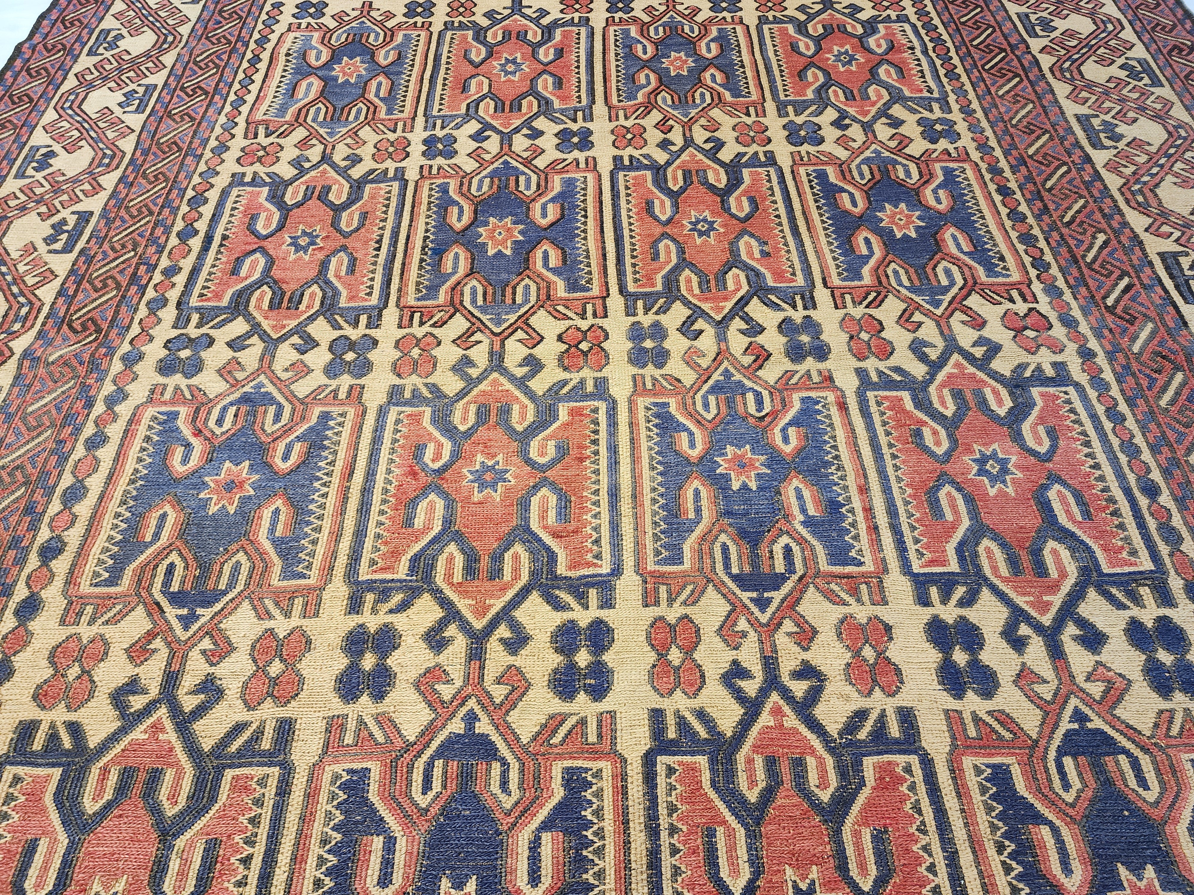 Skiathia — Vintage Anatolian Soumak Kilim Rug, Natural Wool, Tribal Medallions, Geometric (6'9''x8'9'')
