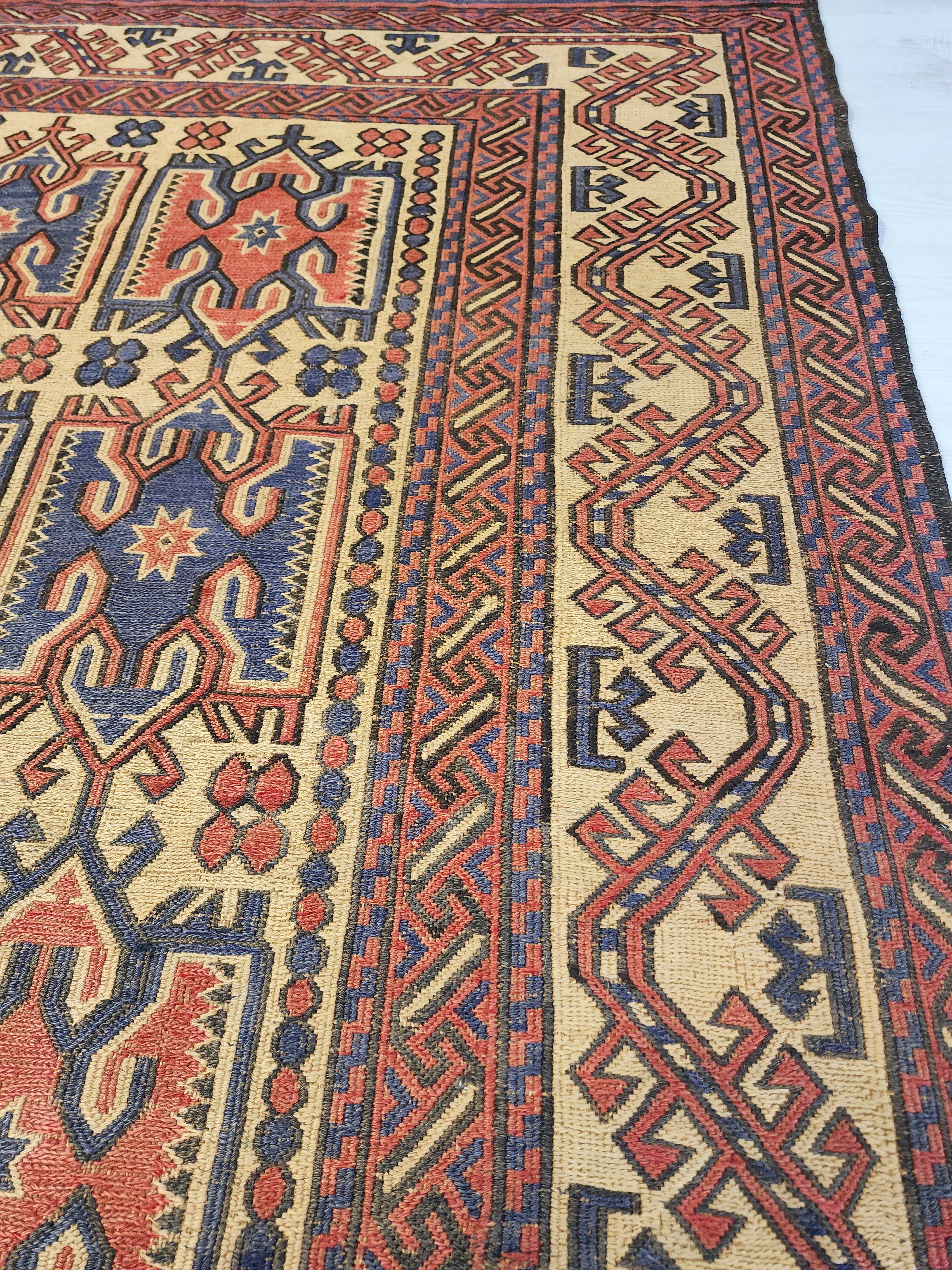 Skiathia — Vintage Anatolian Soumak Kilim Rug, Natural Wool, Tribal Medallions, Geometric (6'9''x8'9'')