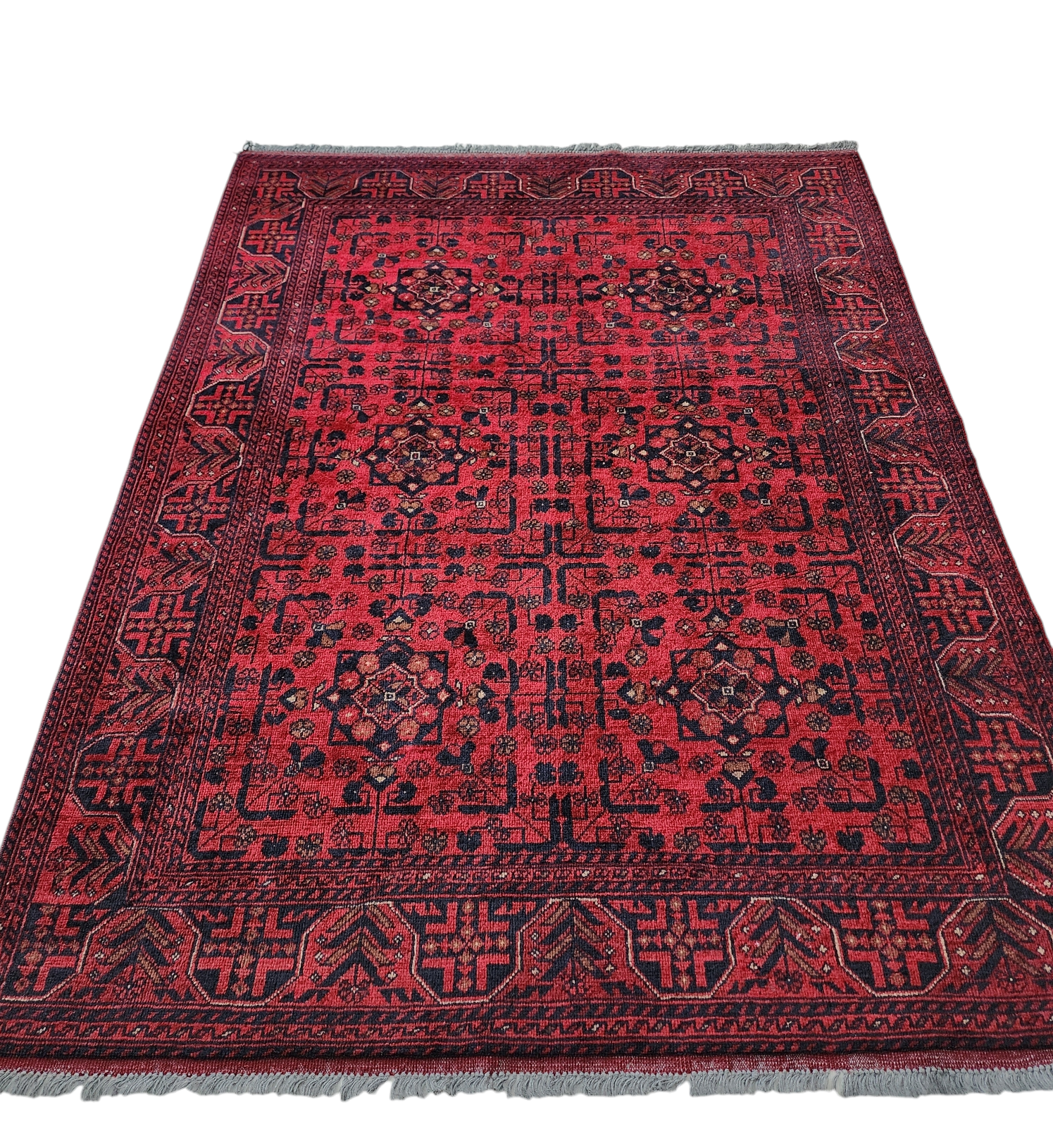 Afghan Khal Mohammadi Rug 6 x 5 ft, Red Blue Handmade Natural Wool Car