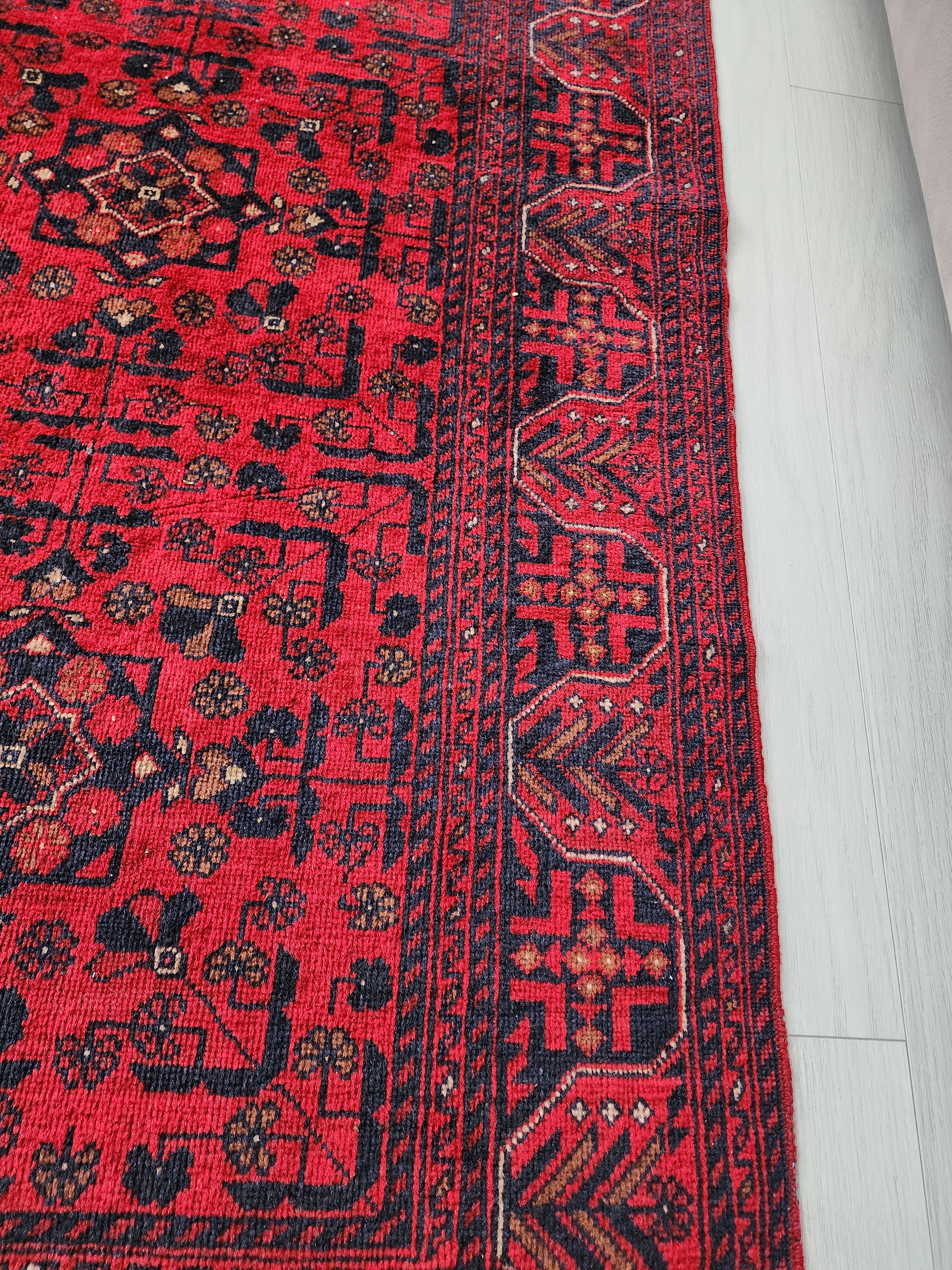 Afghan Khal Mohammadi Rug 6 x 5 ft, Red Blue Handmade Natural Wool Carpet, Superfine Turkoman Bokara Tribal Vintage Rug, Red Living Room Rug