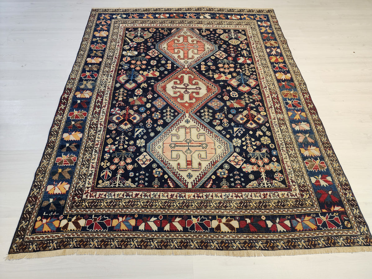 Antique Afshar rug in blue, brown and pink, 5'6" x 7', full view