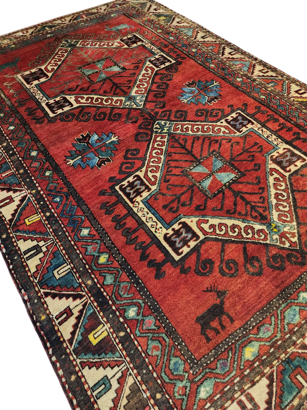 Antique Caucasian Kazak Rug, Hand-Knotted Wool, Geometric Medallion, Red Blue Area Rug (6'4'' x 9'4'')