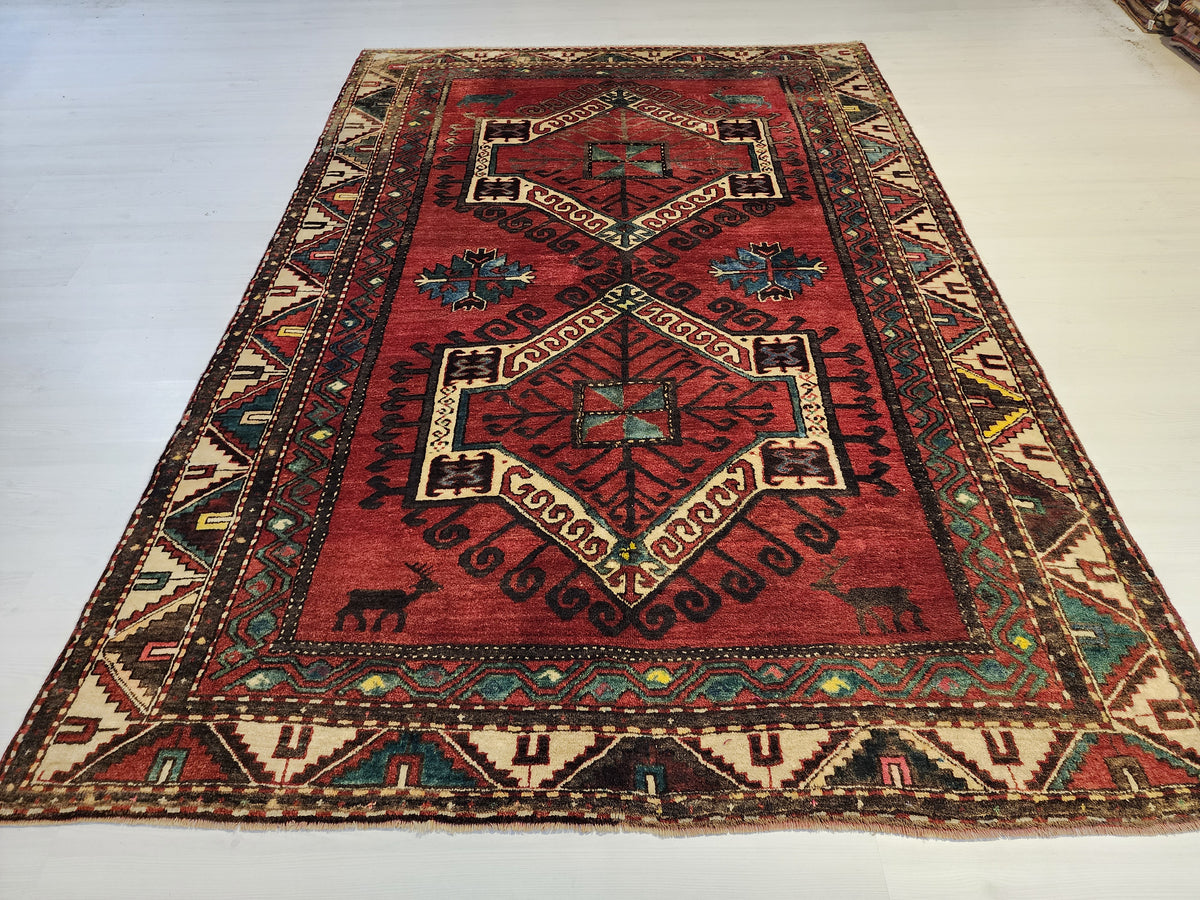 Antique Caucasian Kazak Rug, Hand-Knotted Wool, Geometric Medallion, Red Blue Area Rug (6'4'' x 9'4'')