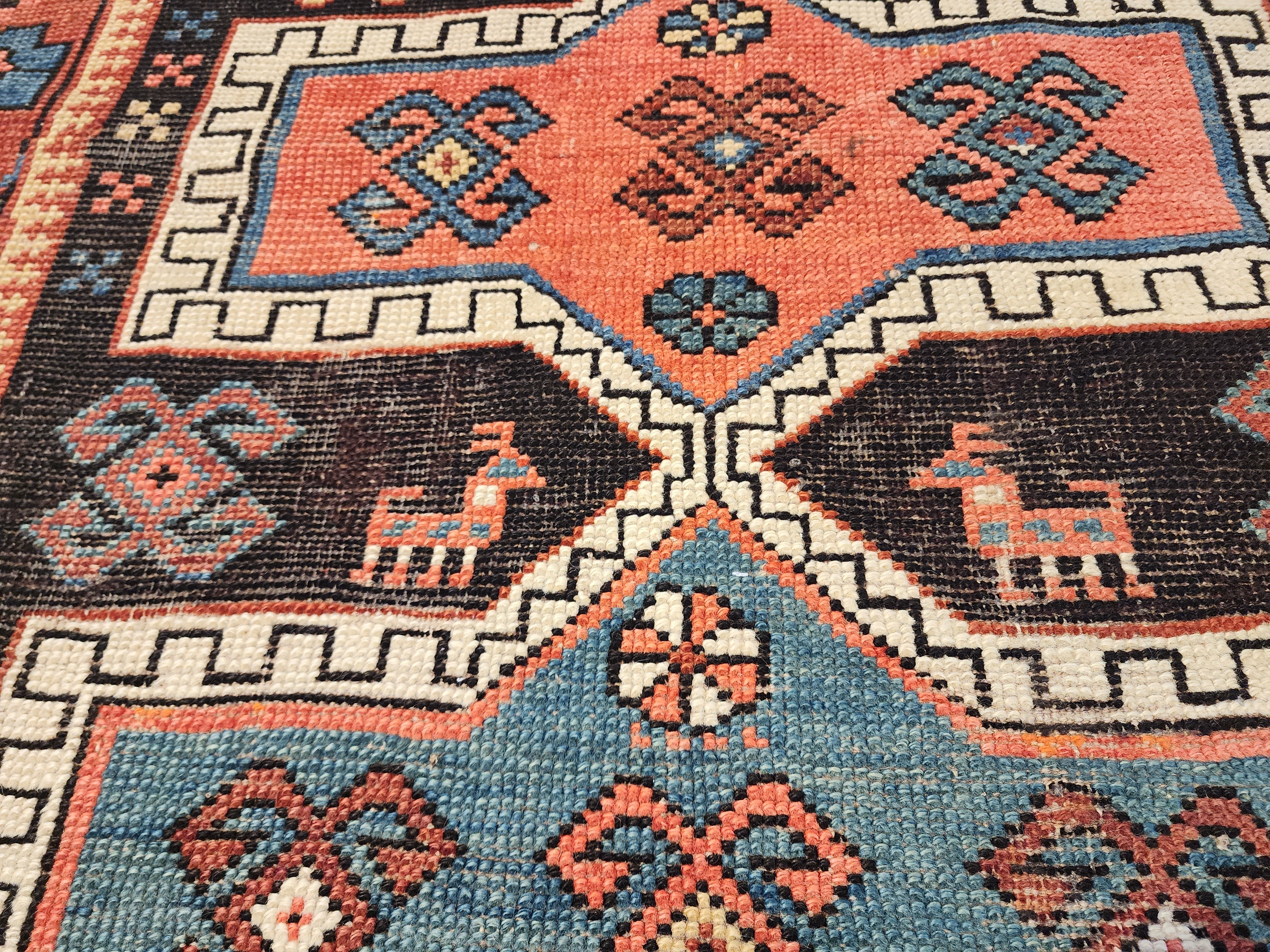 antique Cauasion Wool Rug, 4'3'' x 3'3'', Rustic Oriental Design — pile detail
