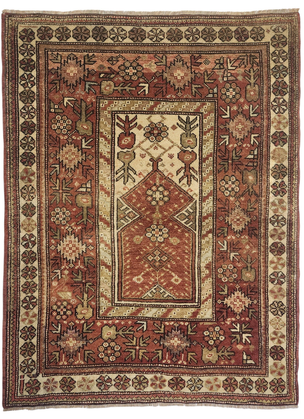 Antique Karaova prayer rug in red, brown and beige, 4'2" x 5'2", full view