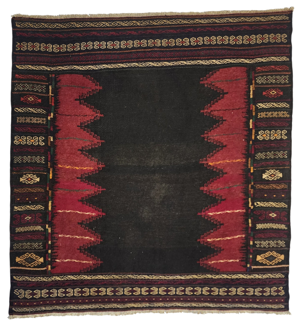 Authentic Anatolian Sofra Kilim – Handwoven Wool Tribal Dining Cloth (Dark Red & Black)