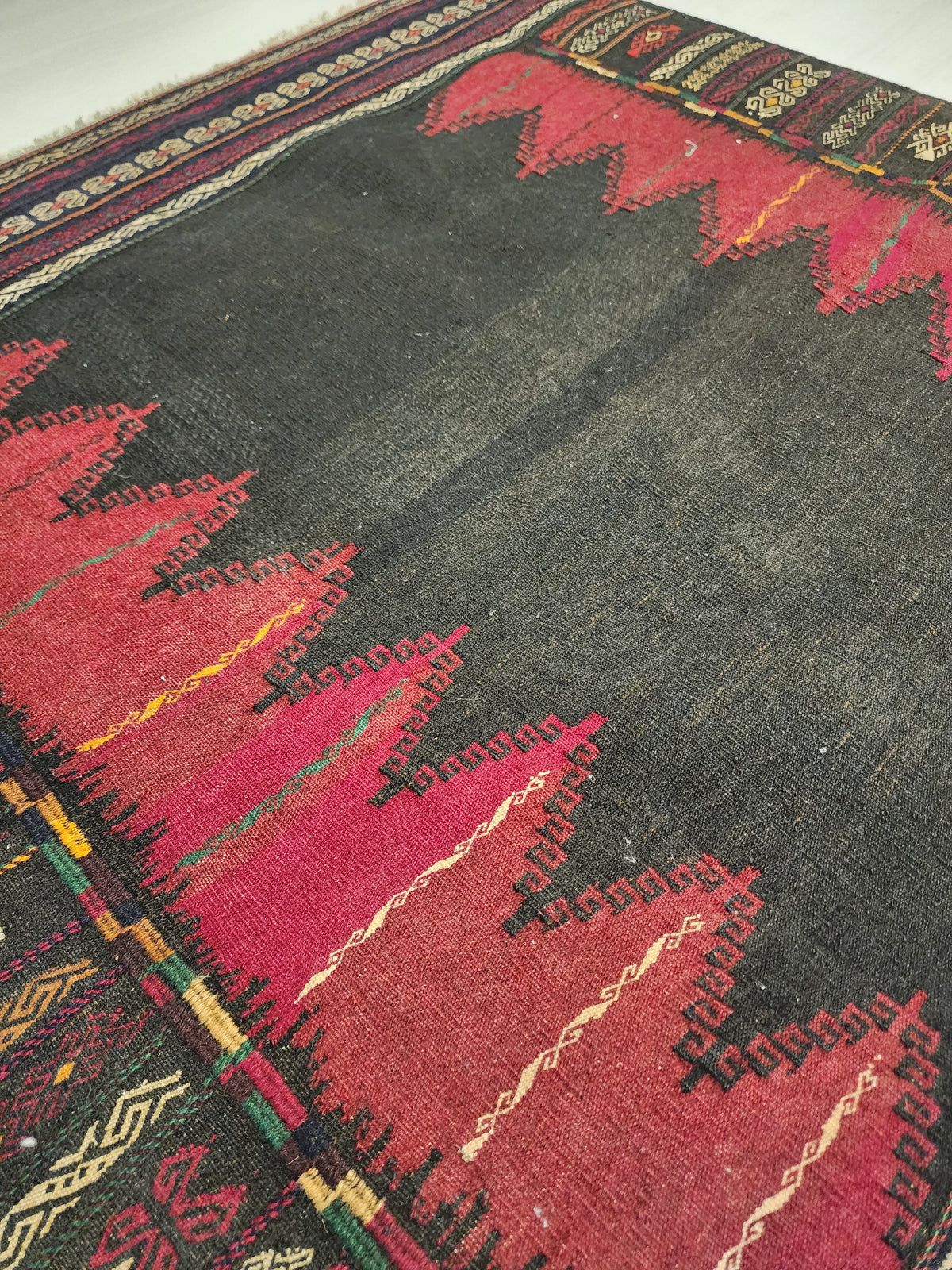 Authentic Anatolian Sofra Kilim – Handwoven Wool Tribal Dining Cloth (Dark Red & Black)