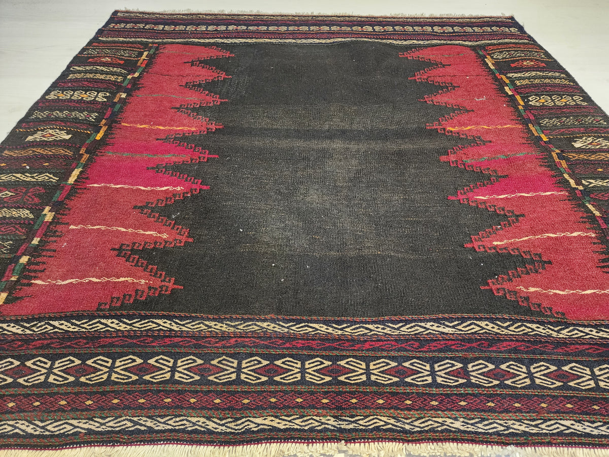 Authentic Anatolian Sofra Kilim – Handwoven Wool Tribal Dining Cloth (Dark Red & Black)