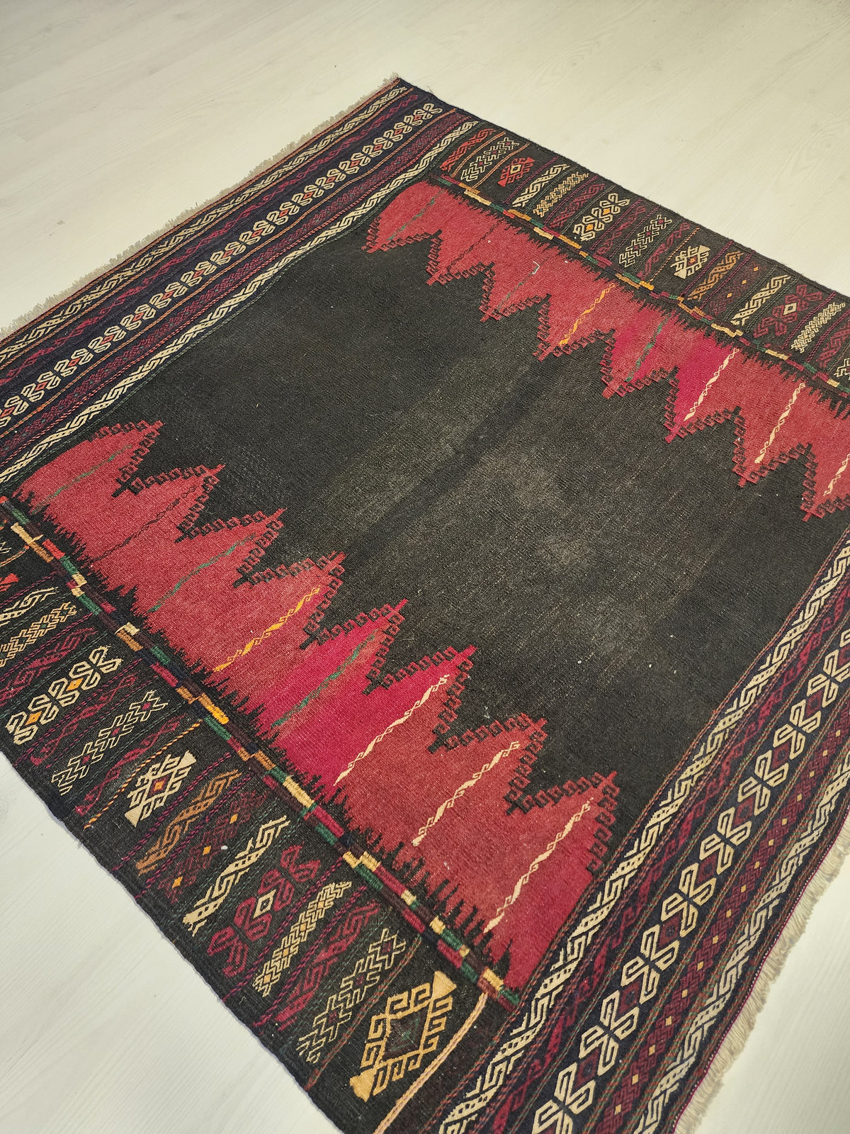 Authentic Anatolian Sofra Kilim – Handwoven Wool Tribal Dining Cloth (Dark Red & Black)
