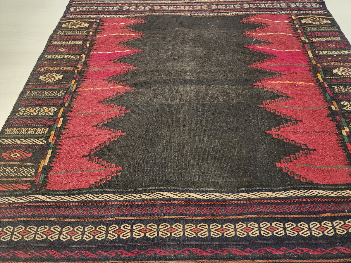 Authentic Anatolian Sofra Kilim – Handwoven Wool Tribal Dining Cloth (Dark Red & Black)
