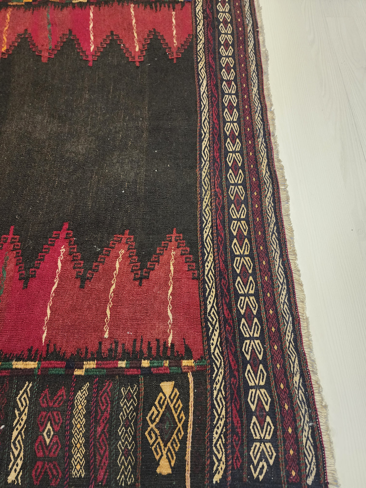 Authentic Anatolian Sofra Kilim – Handwoven Wool Tribal Dining Cloth (Dark Red & Black)
