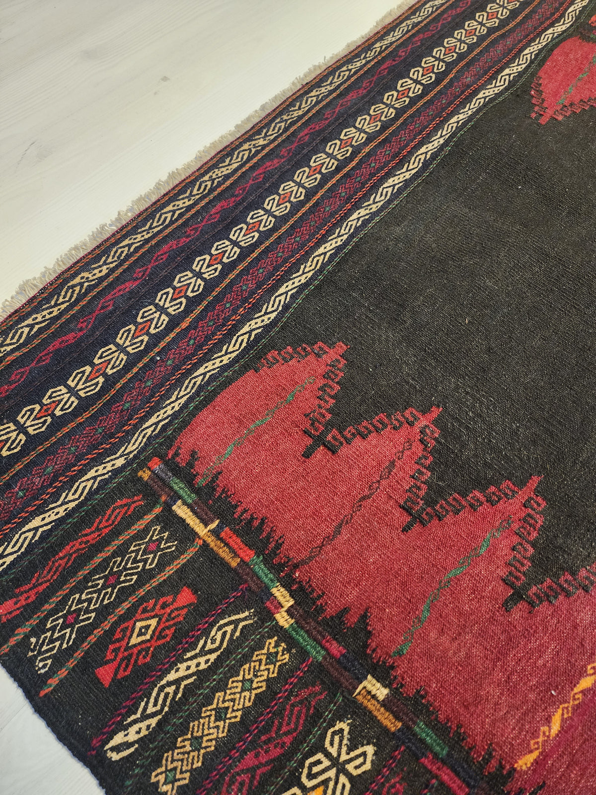 Authentic Anatolian Sofra Kilim – Handwoven Wool Tribal Dining Cloth (Dark Red & Black)