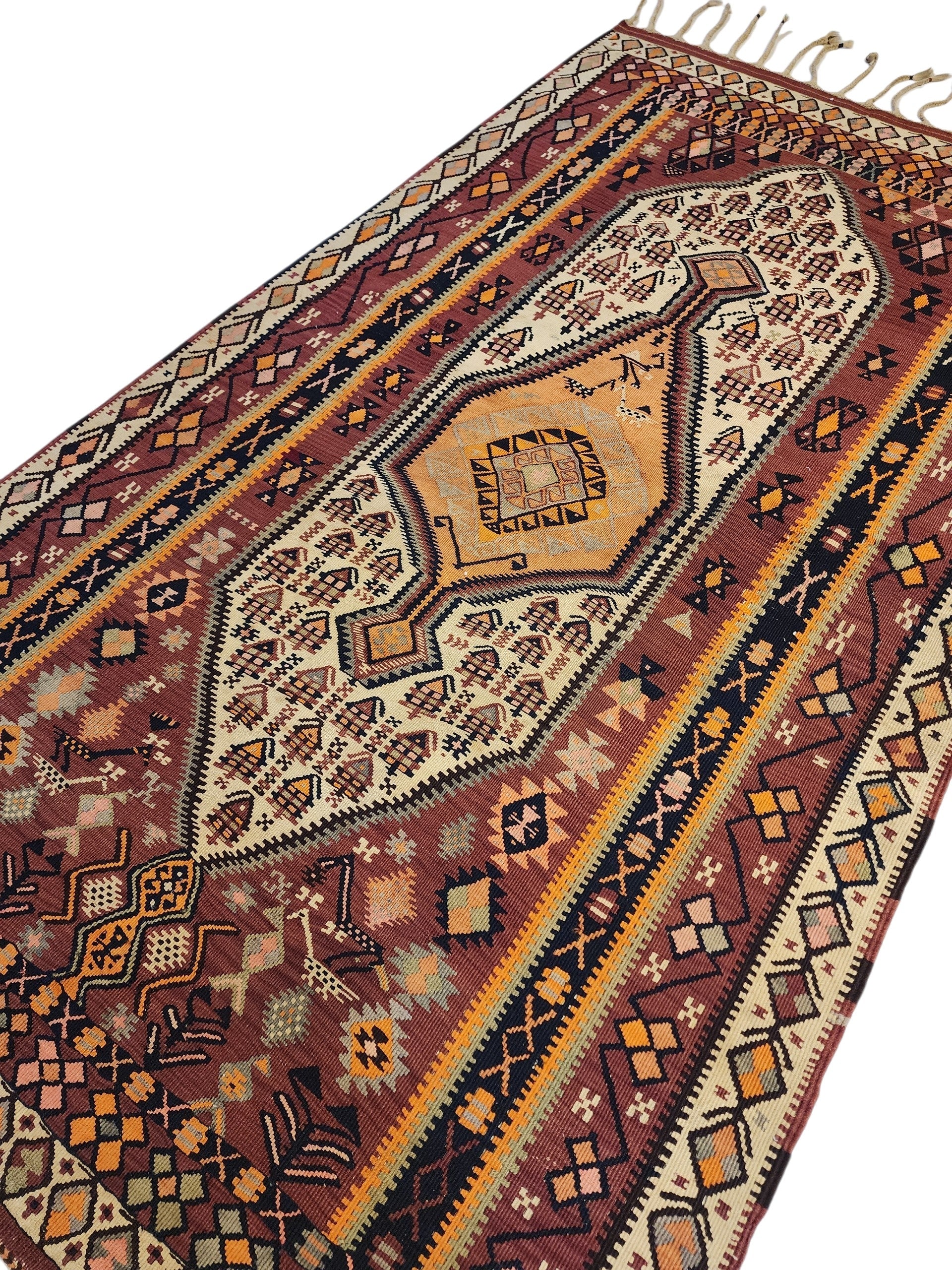 Antique 1870s Hakkari Kilim Rug, Tribal Bird Motif Wool Flatweave