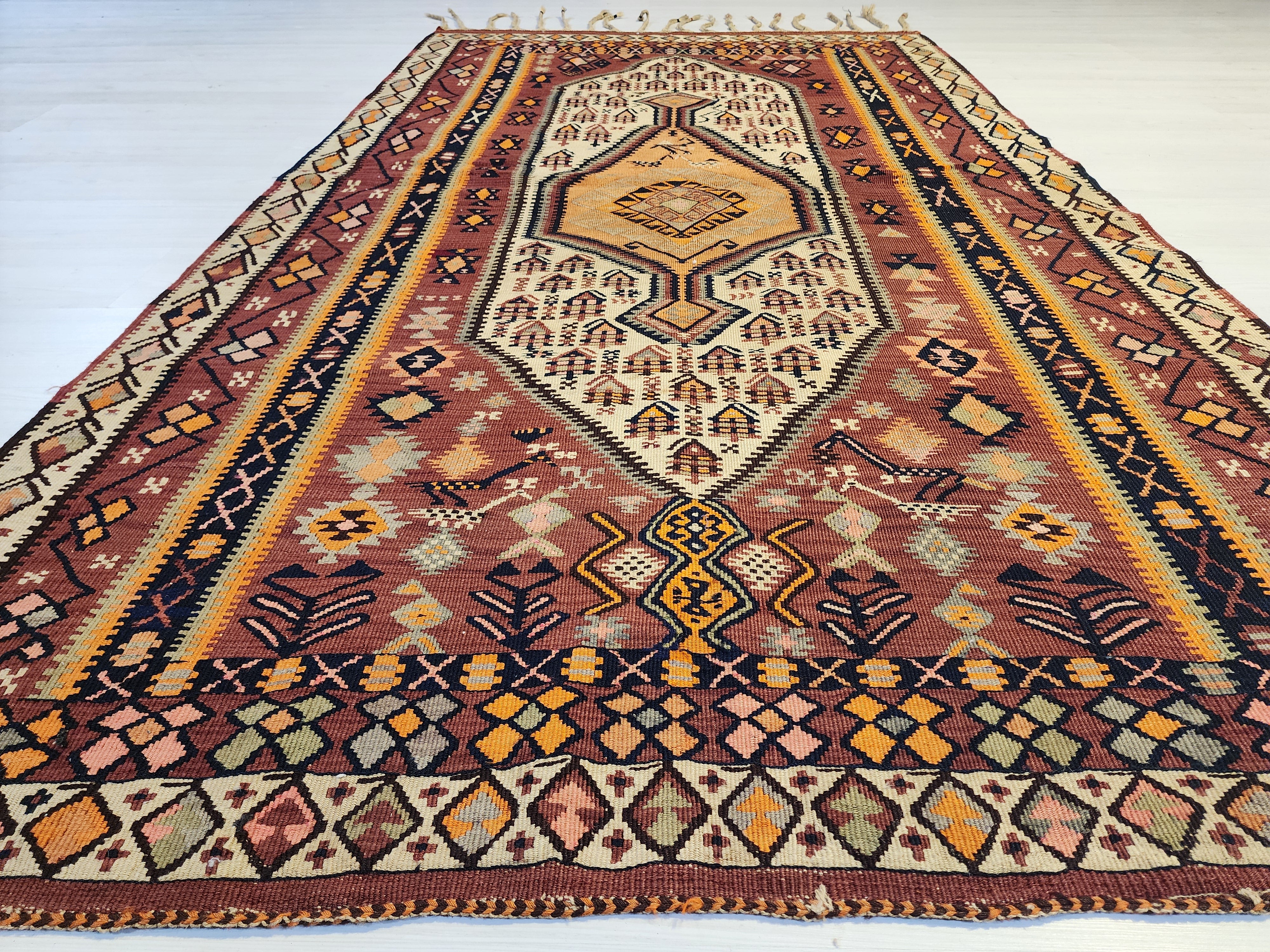 Antique 1870s Hakkari Kilim Rug, Tribal Bird Motif Wool Flatweave
