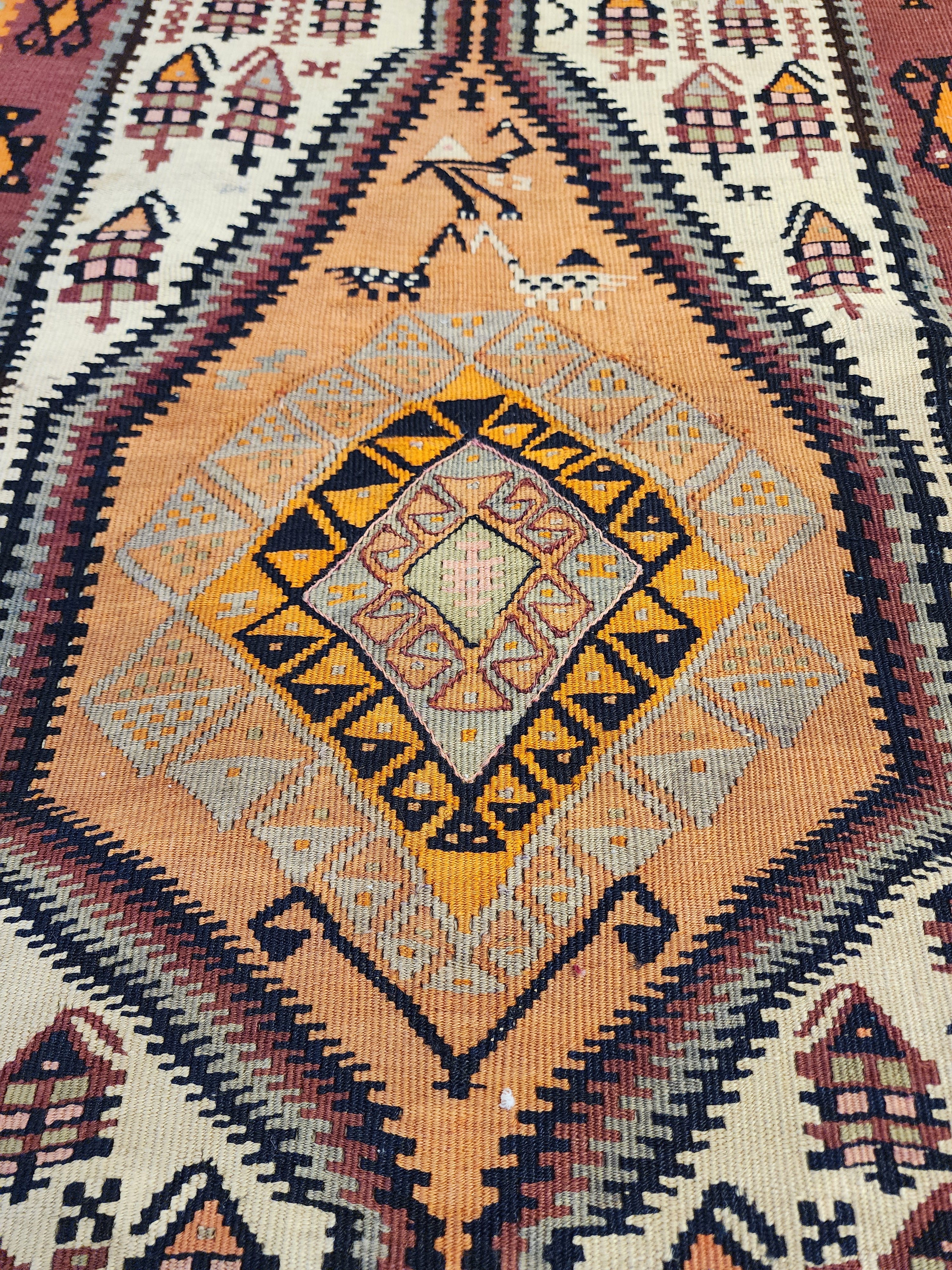Antique 1870s Hakkari Kilim Rug, Tribal Bird Motif Wool Flatweave