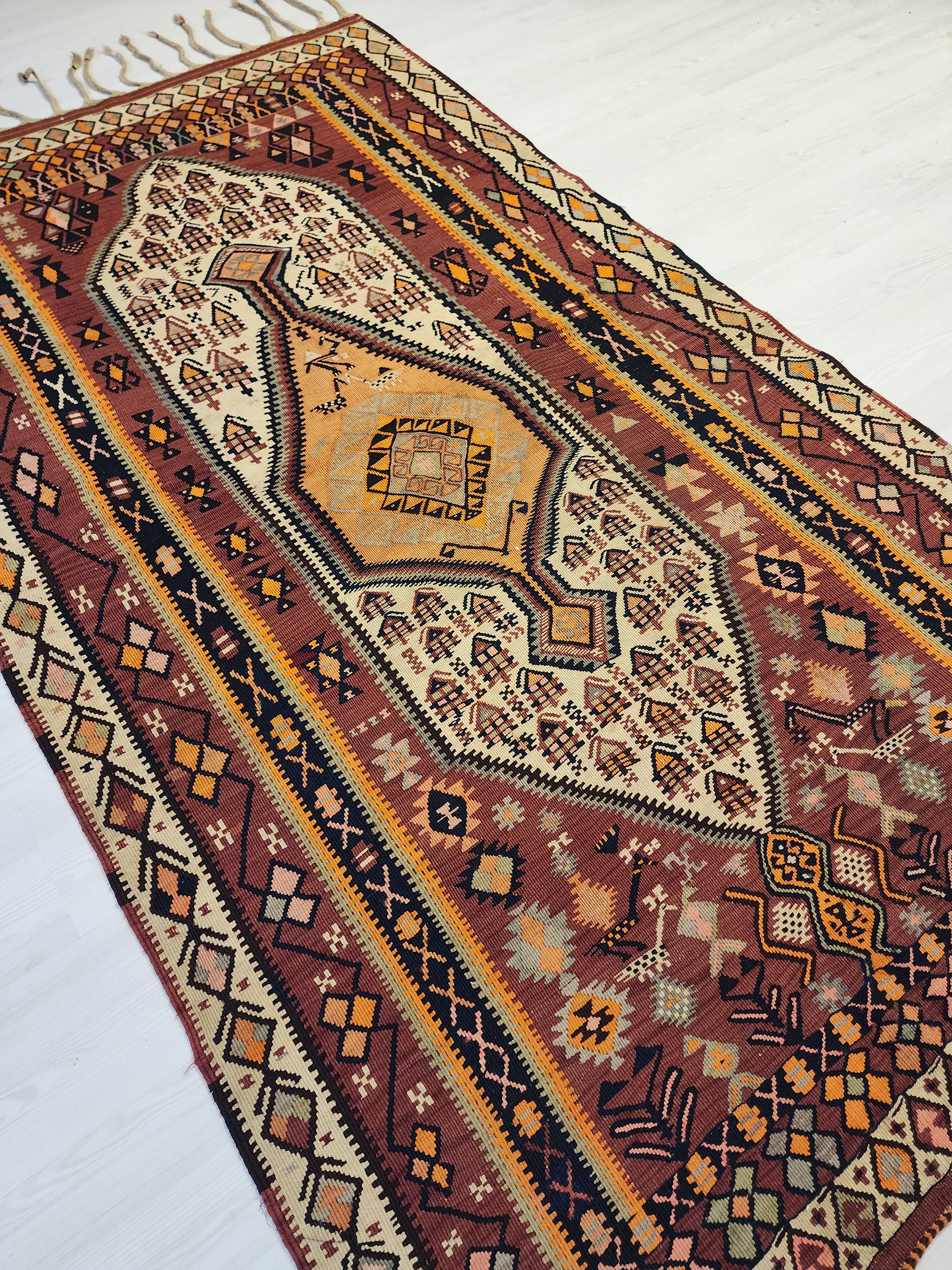 Antique 1870s Hakkari Kilim Rug, Tribal Bird Motif Wool Flatweave