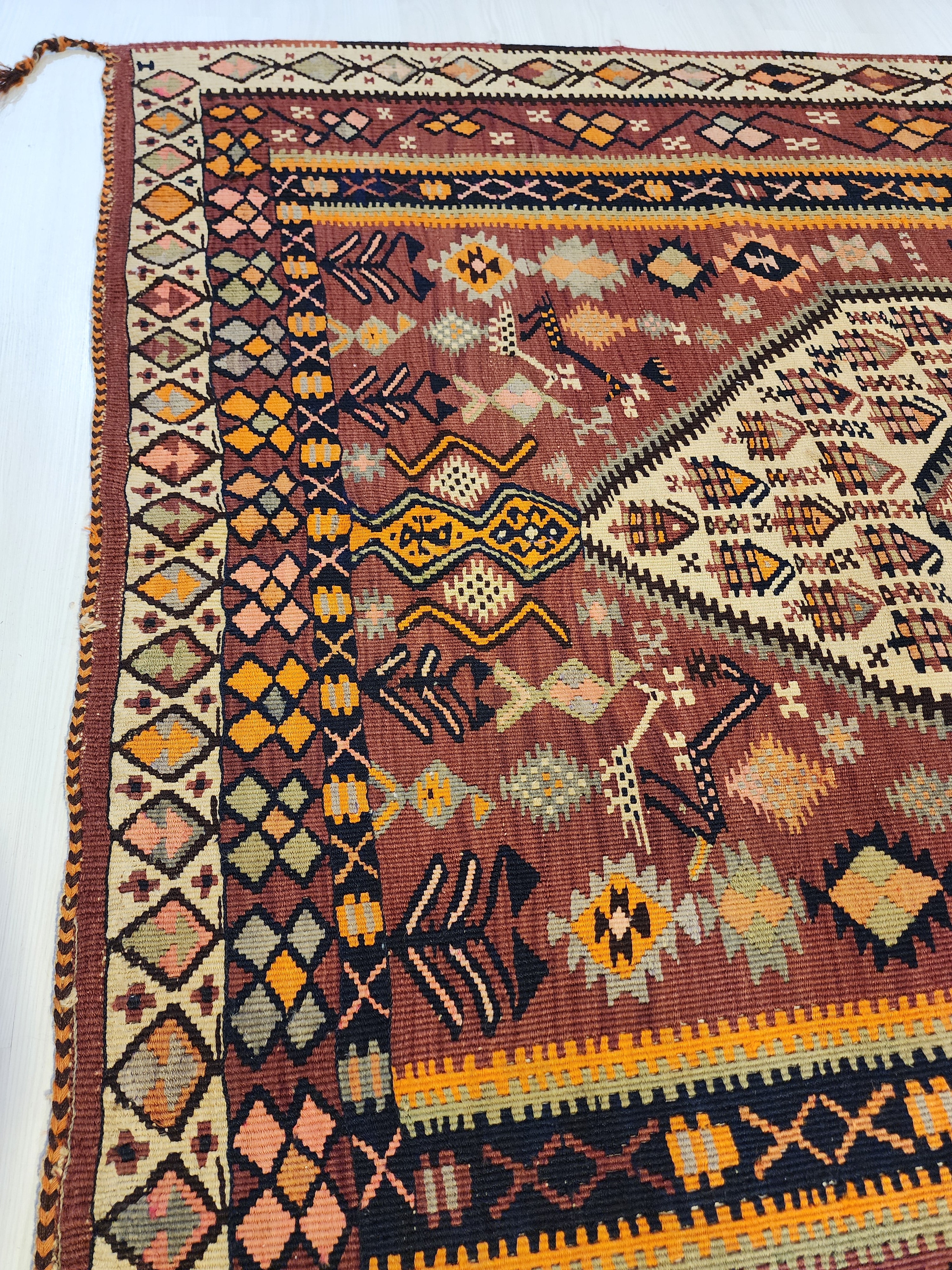 Antique 1870s Hakkari Kilim Rug, Tribal Bird Motif Wool Flatweave