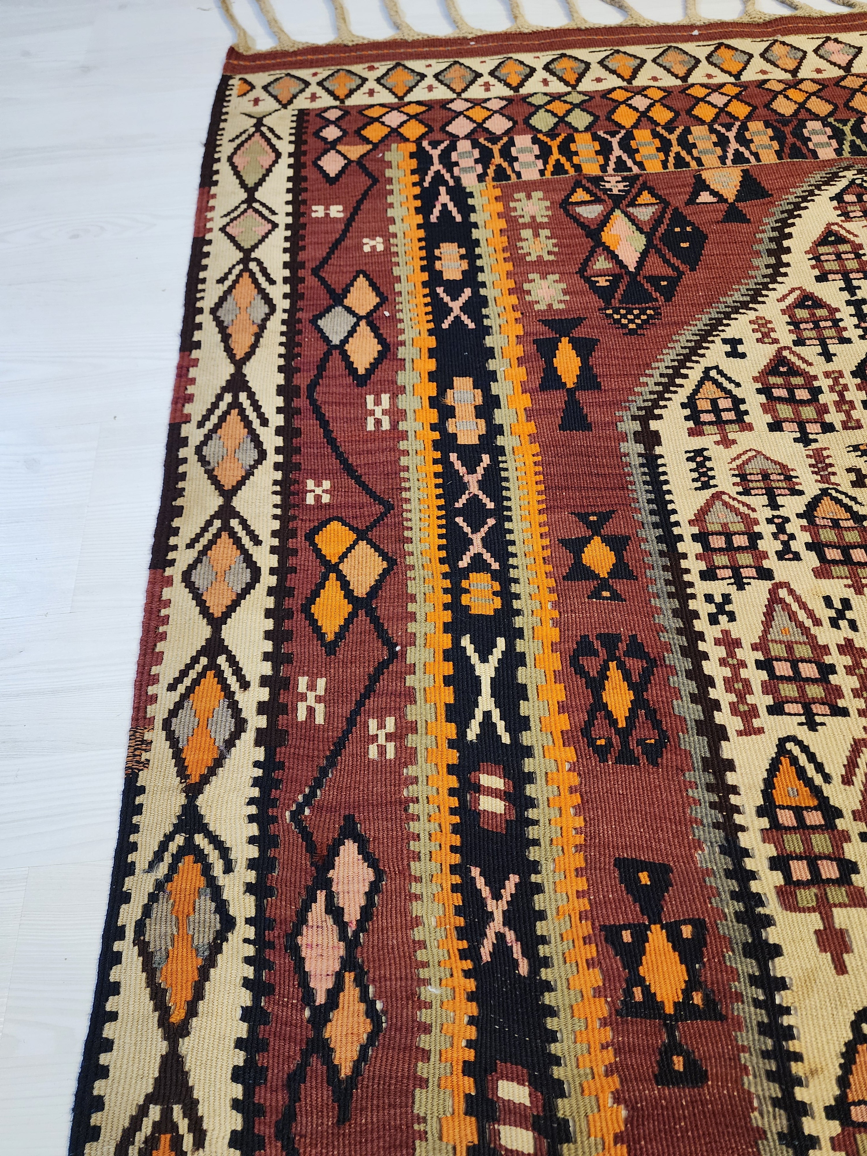 Antique 1870s Hakkari Kilim Rug, Tribal Bird Motif Wool Flatweave