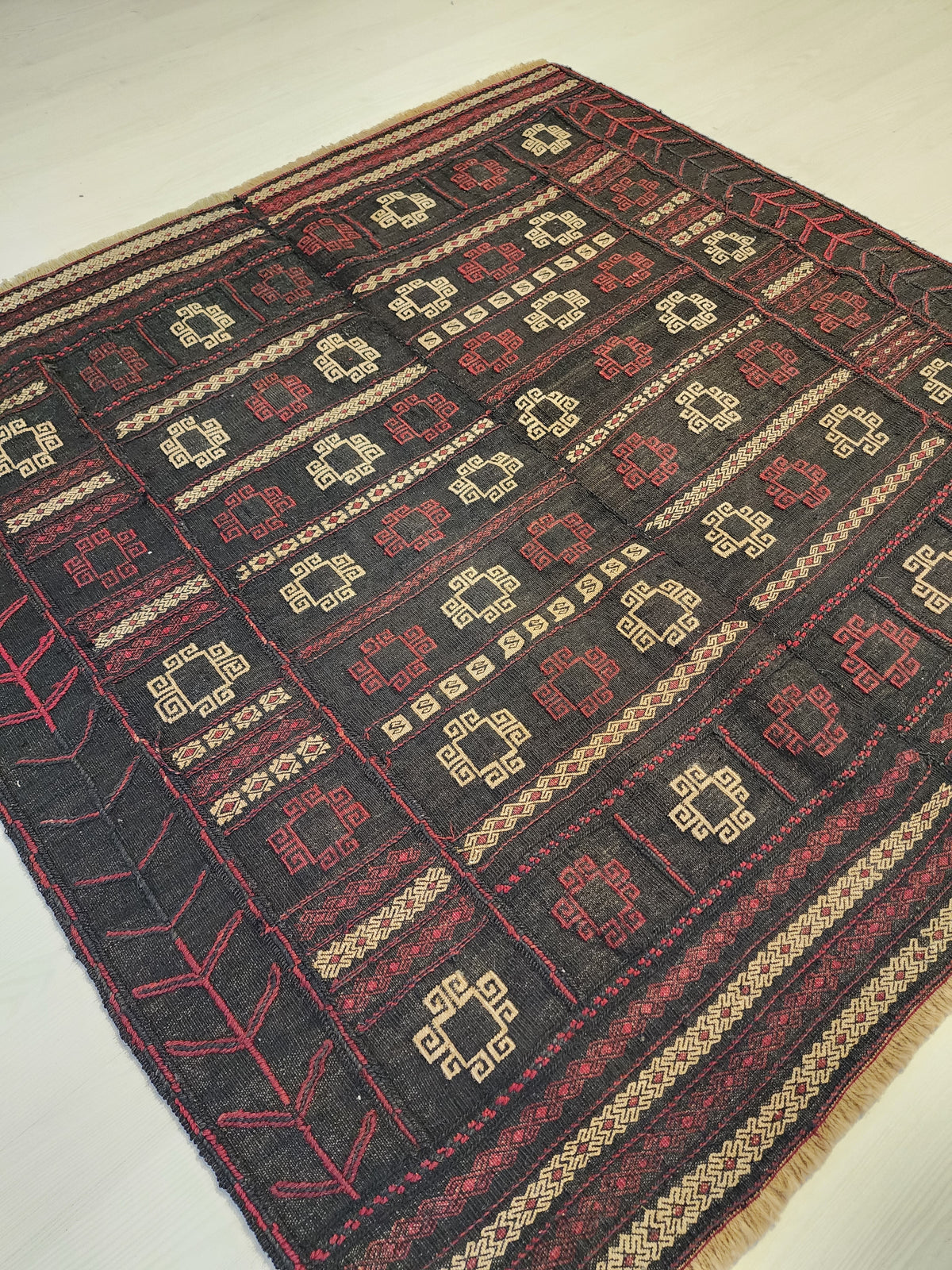 Antique Anatolian Kilim Rug, 1930s Geometric Wool Flatweave, Dark Red Charcoal Accent (4'4'' x 4'5'')
