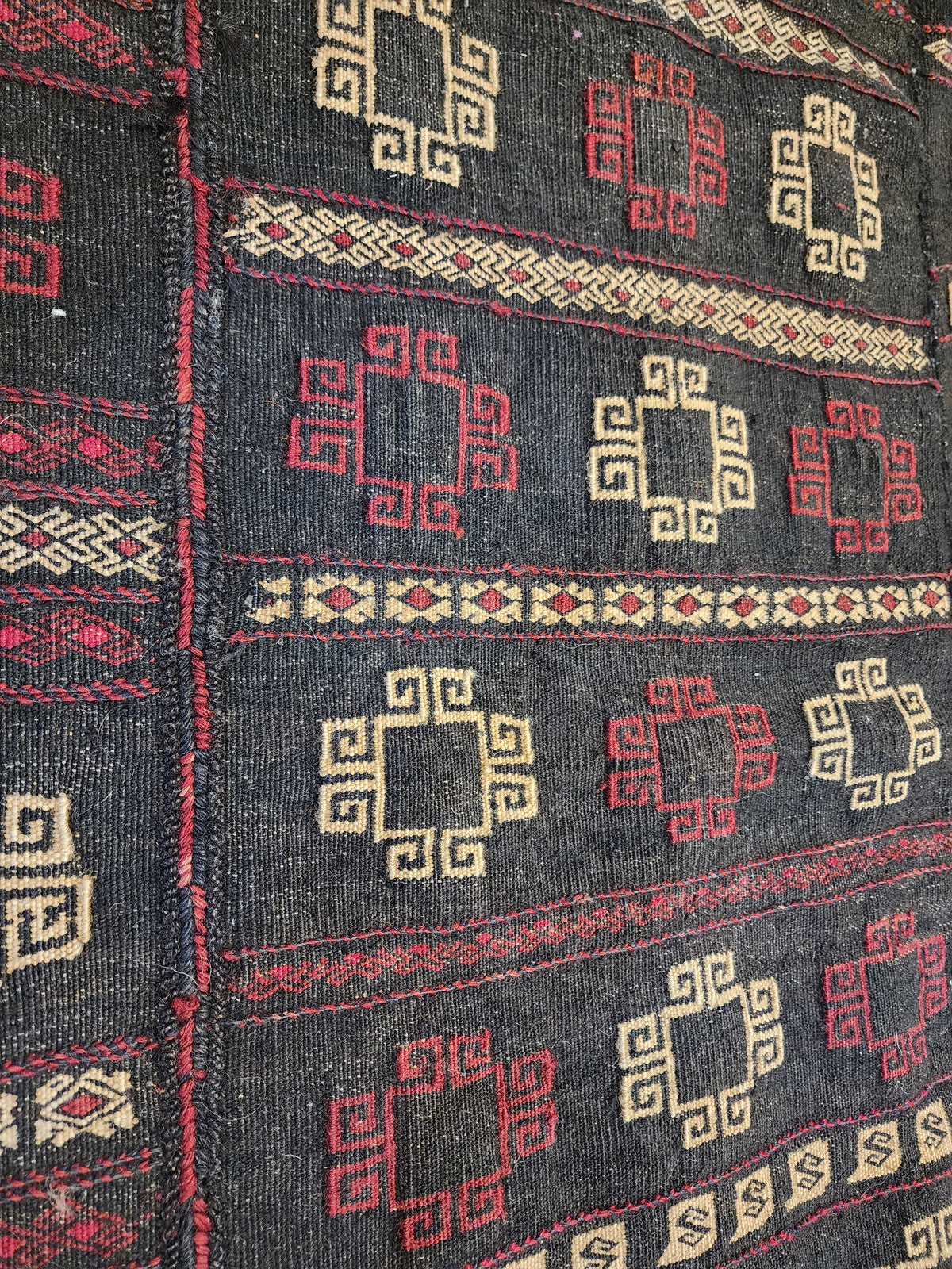 Antique Anatolian Kilim Rug, 1930s Geometric Wool Flatweave, Dark Red Charcoal Accent (4'4'' x 4'5'')