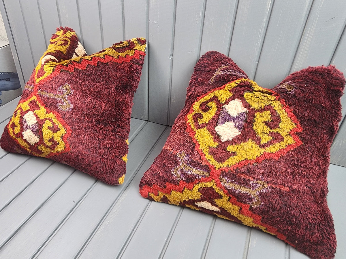 Antique Konya Tulu shaggy pillow covers, set of 2, burgundy and yellow, 16x16 in, pair, angled view