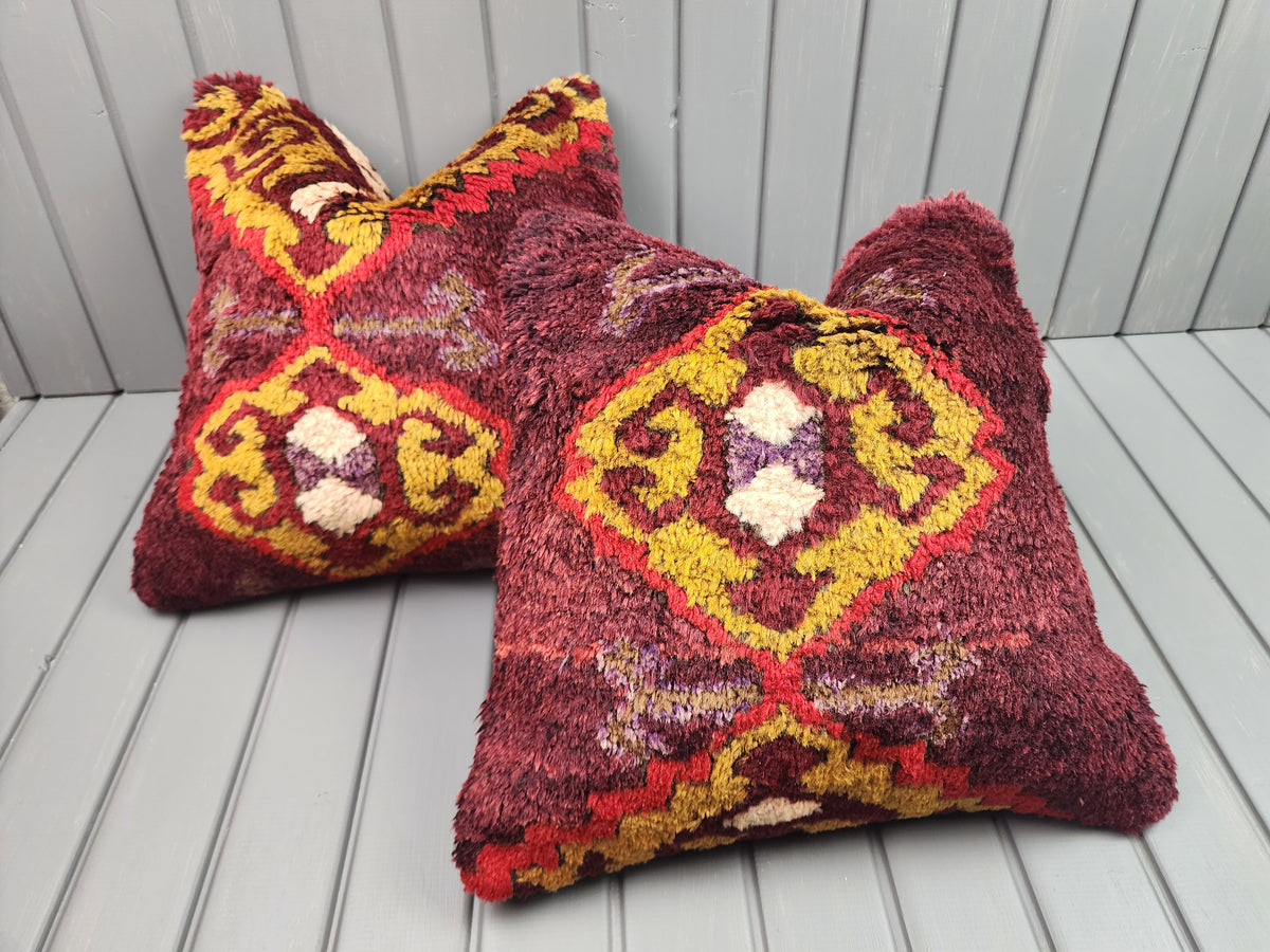Antique Konya Tulu shaggy pillow covers, set of 2, burgundy and yellow, 16x16 in, pair, side view