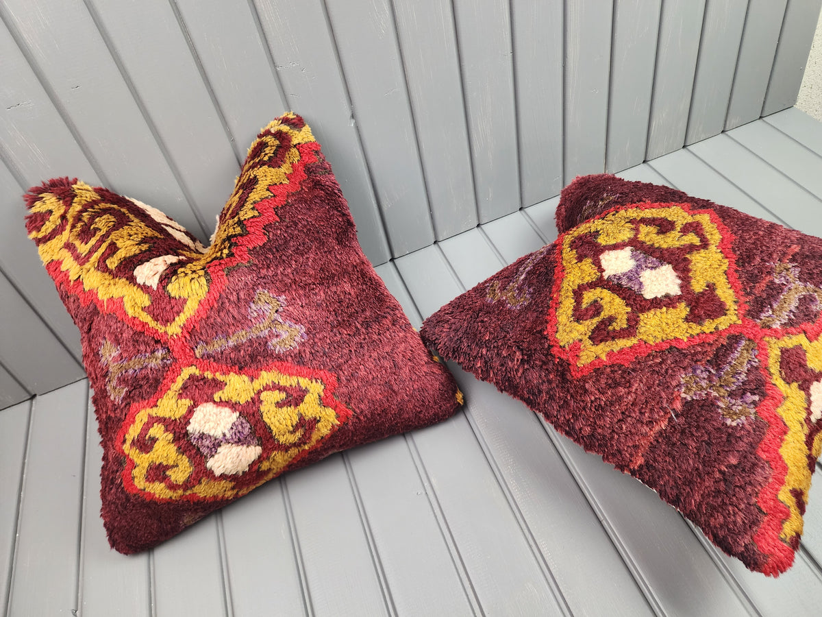 Antique Konya Tulu shaggy pillow covers, set of 2, burgundy and yellow, 16x16 in, one cover laid flat
