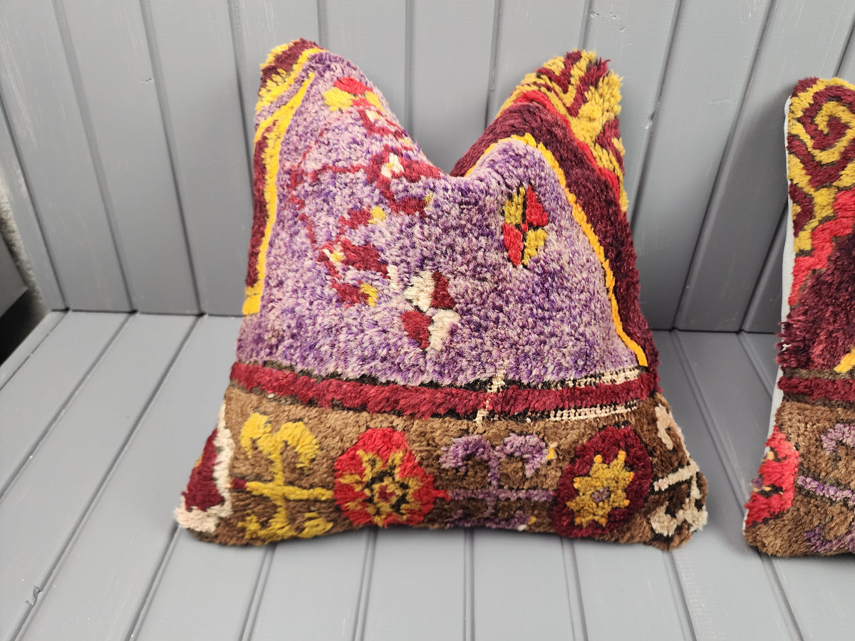 Antique Konya Tulu shaggy pillow covers, set of 2, purple and yellow, 16x16 in, single cover close-up