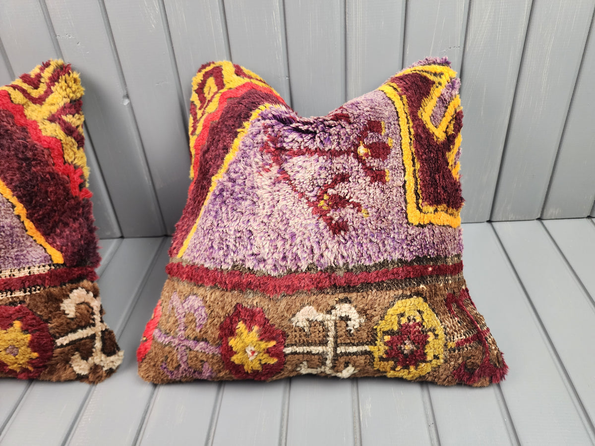 Antique Konya Tulu shaggy pillow covers, set of 2, purple and yellow, 16x16 in, single cover close-up