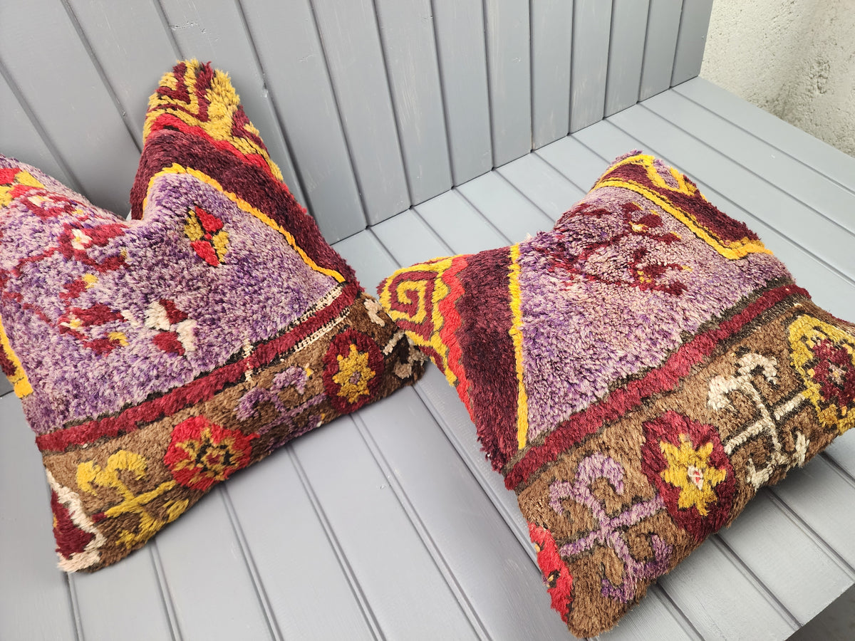 Antique Konya Tulu shaggy pillow covers, set of 2, purple and yellow, 16x16 in, one cover laid flat