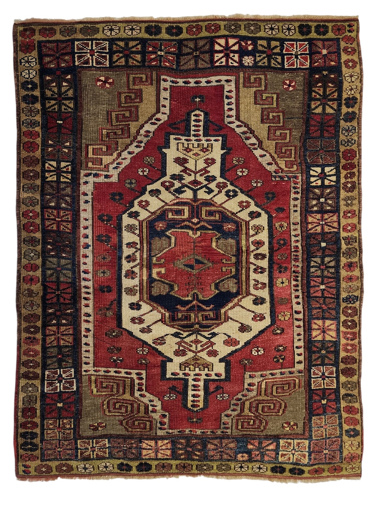 Antique Yeşilhisar Wool Rug, Hand-Knotted Geometric Anatolian Area Rug (4'11" x 4")
