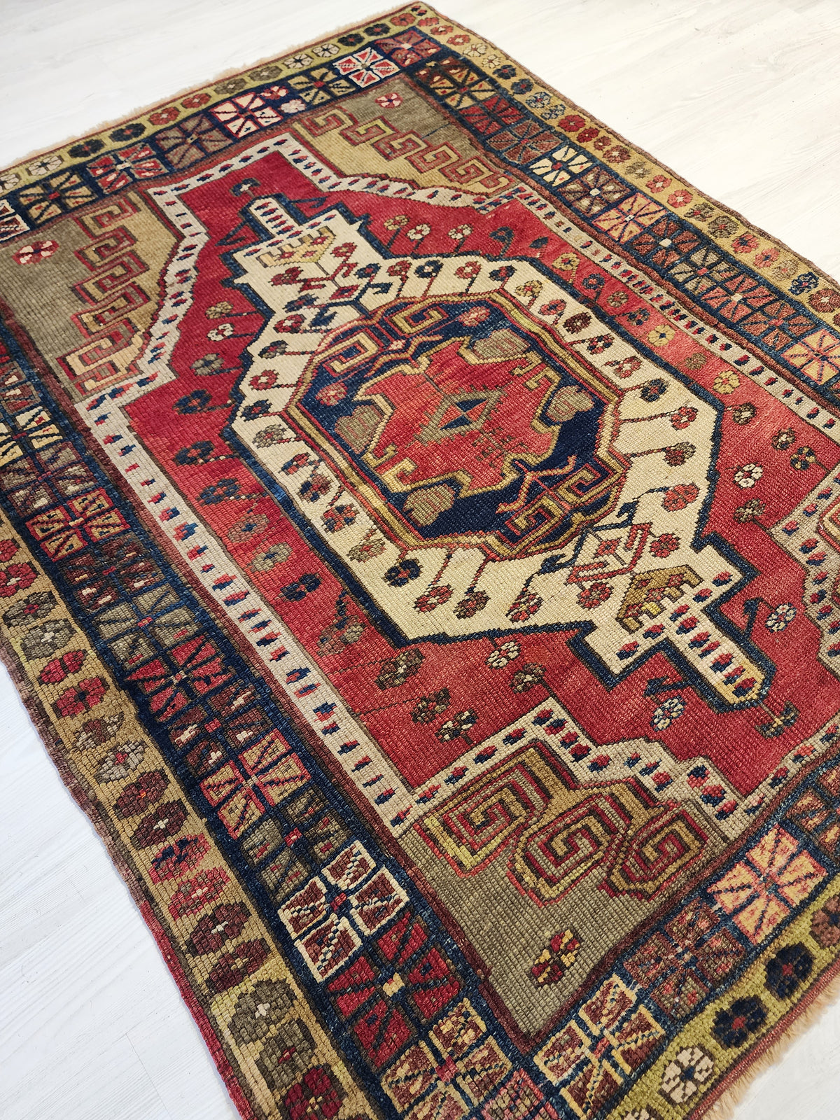 Antique Yeşilhisar Wool Rug, Hand-Knotted Geometric Anatolian Area Rug (4'11" x 4")