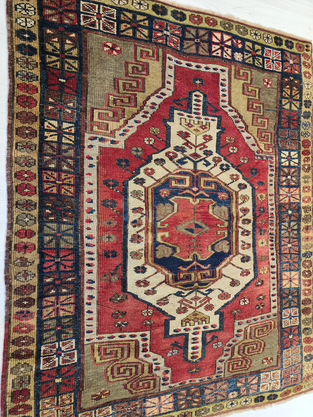 Antique Yeşilhisar Wool Rug, Hand-Knotted Geometric Anatolian Area Rug (4'11" x 4")