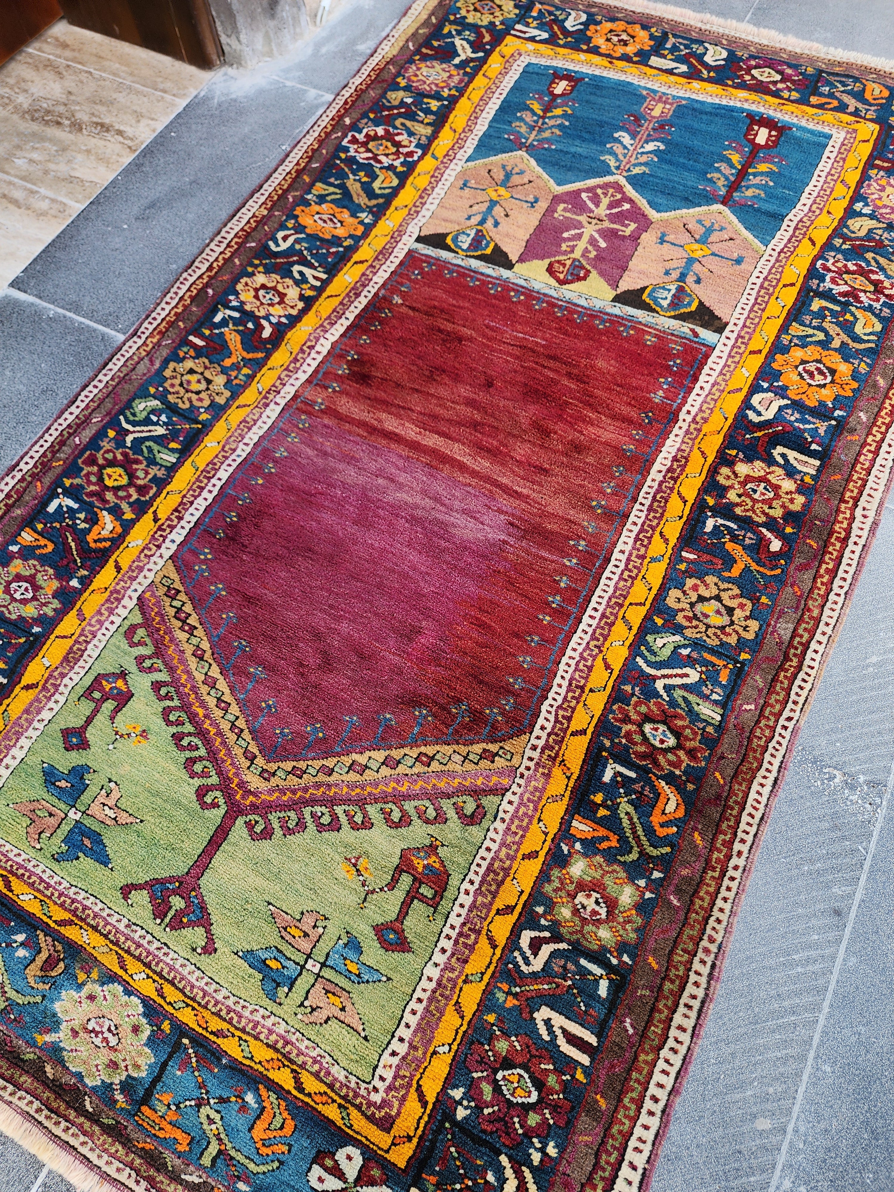 Polyxene — Antique Turkish Rug, Indigo Blue and Red Wool Anatolian Carpet