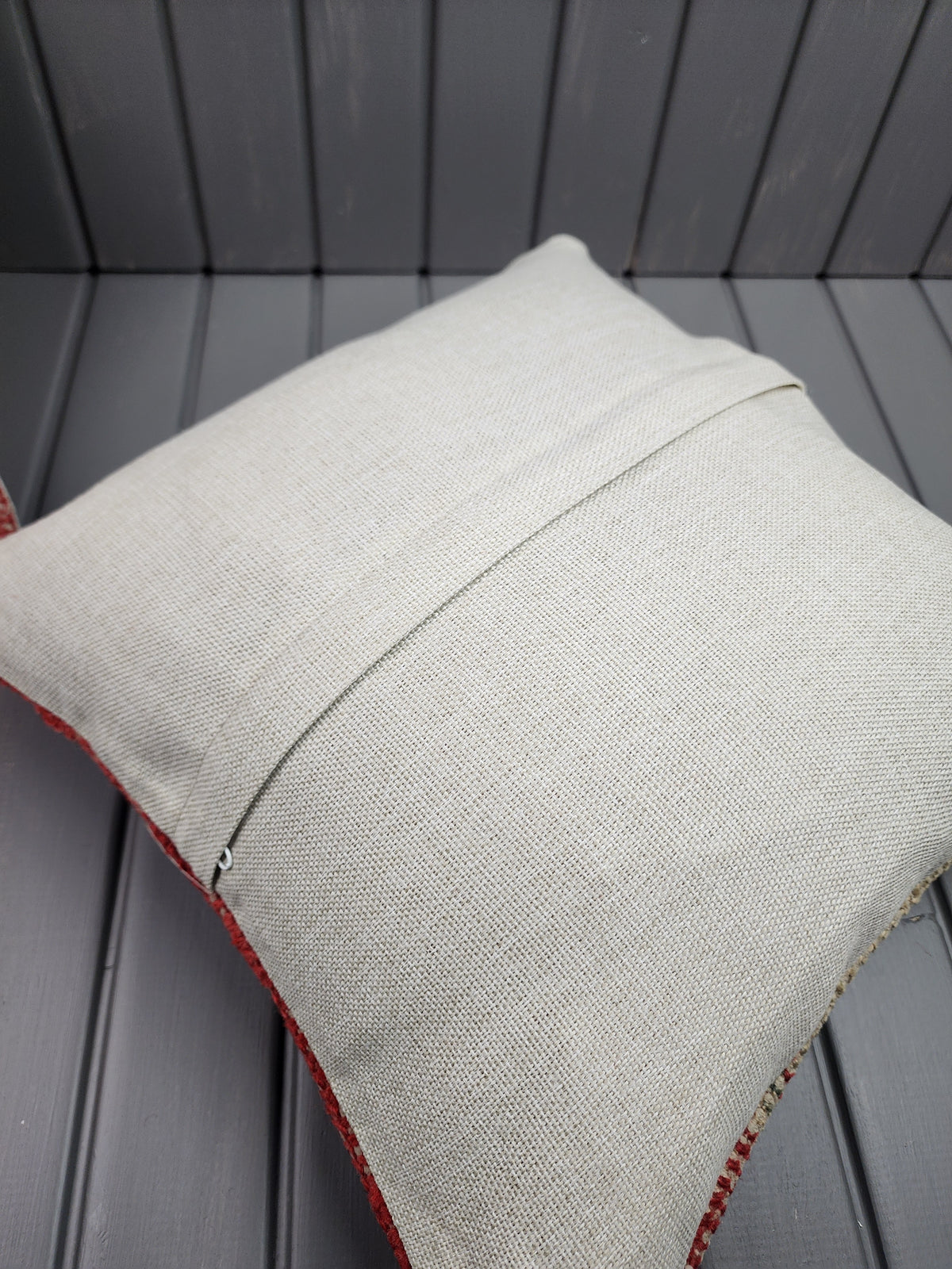 Antique Oushak rug pillow covers, set of 2, red and ivory, 16x16 in, back of cover