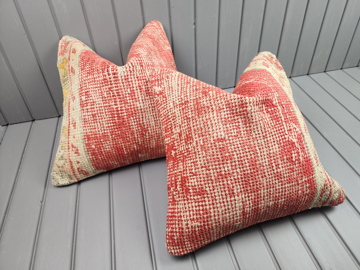 Antique Oushak rug pillow covers, set of 2, red and ivory, 16x16 in, pair, side view