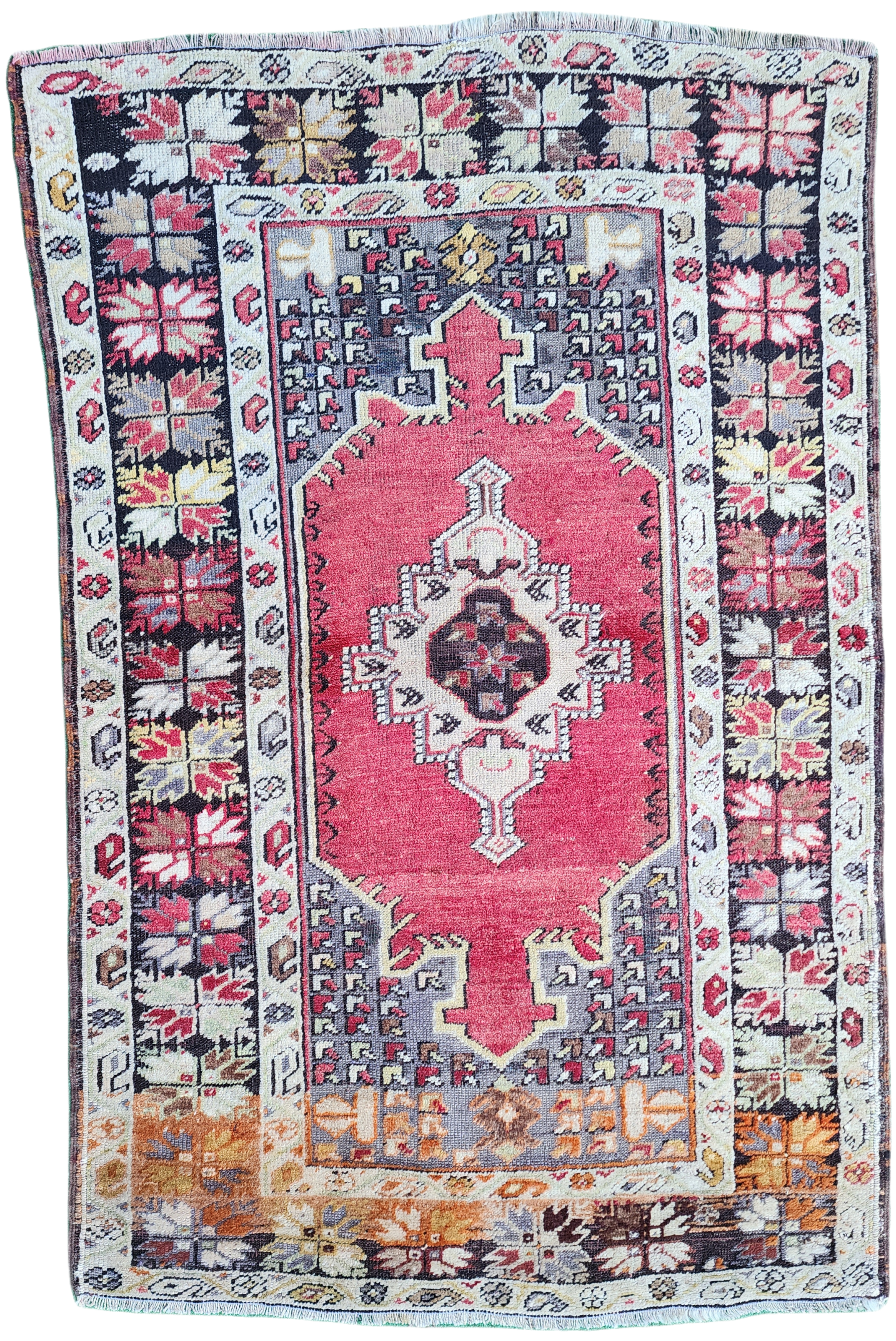 Antique Anatolian Tribal Rug 5'4'' x 3'7'' Red, Blue, Brown and White Traditional Turkish Rug