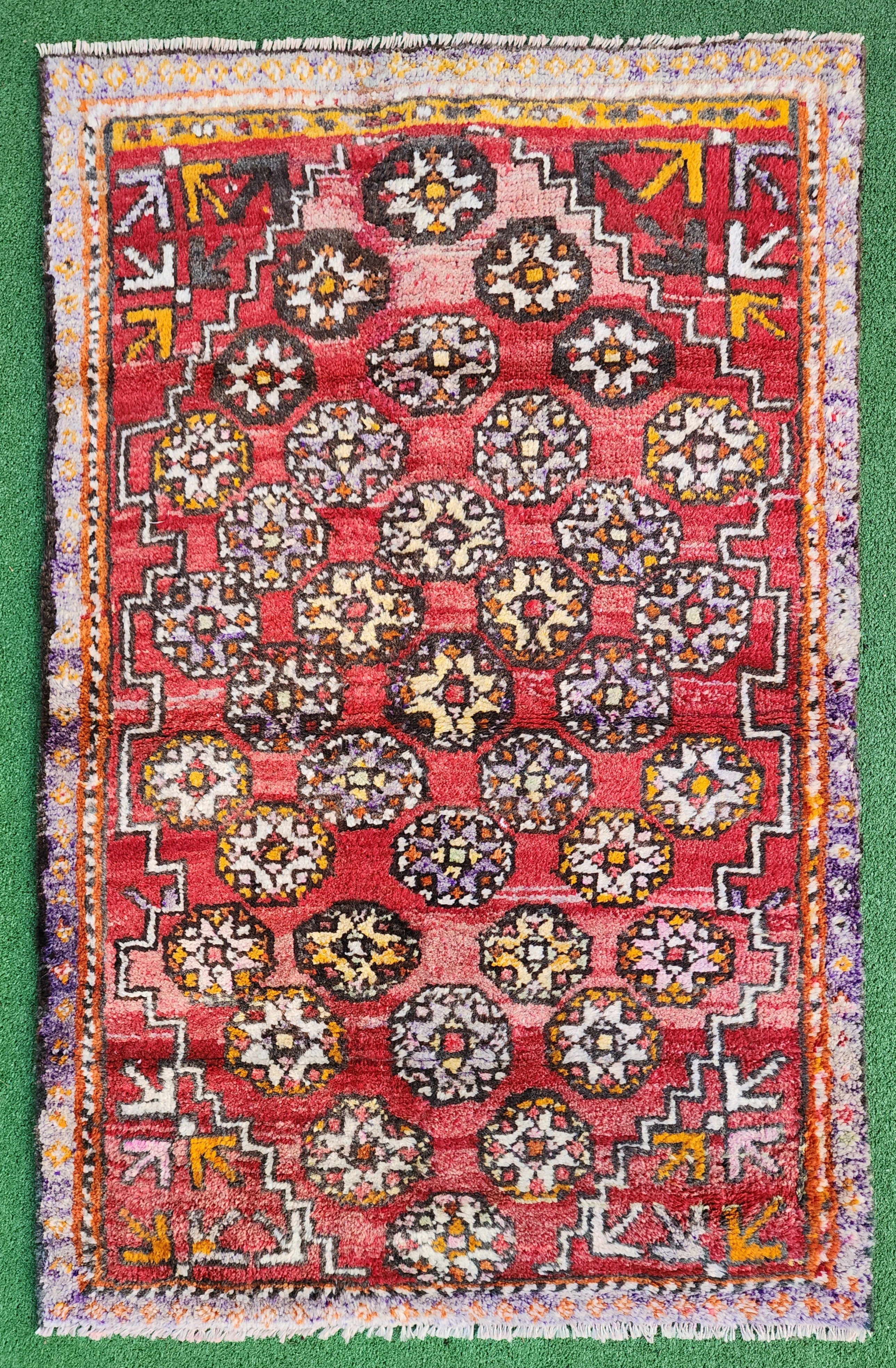 Antique Turkish Bergama Rug 3'1'' x 4'6'' Orange White and Brown Kilim Rug