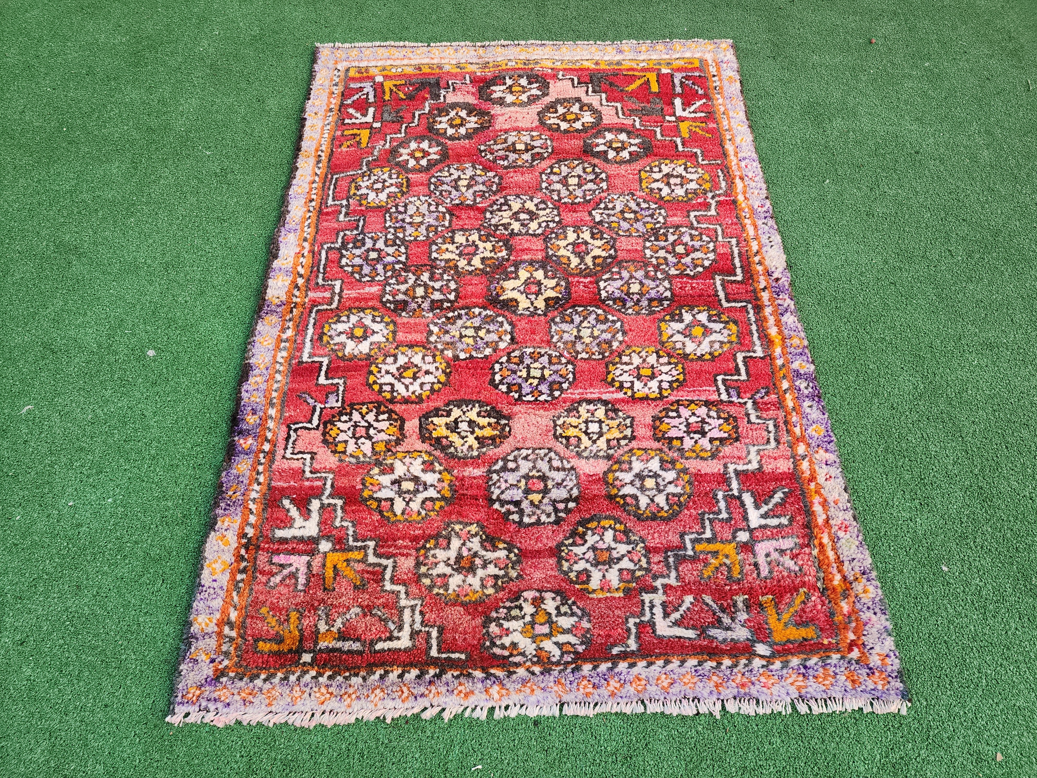 Antique Turkish Bergama Rug 3'1'' x 4'6'' Orange White and Brown Kilim Rug