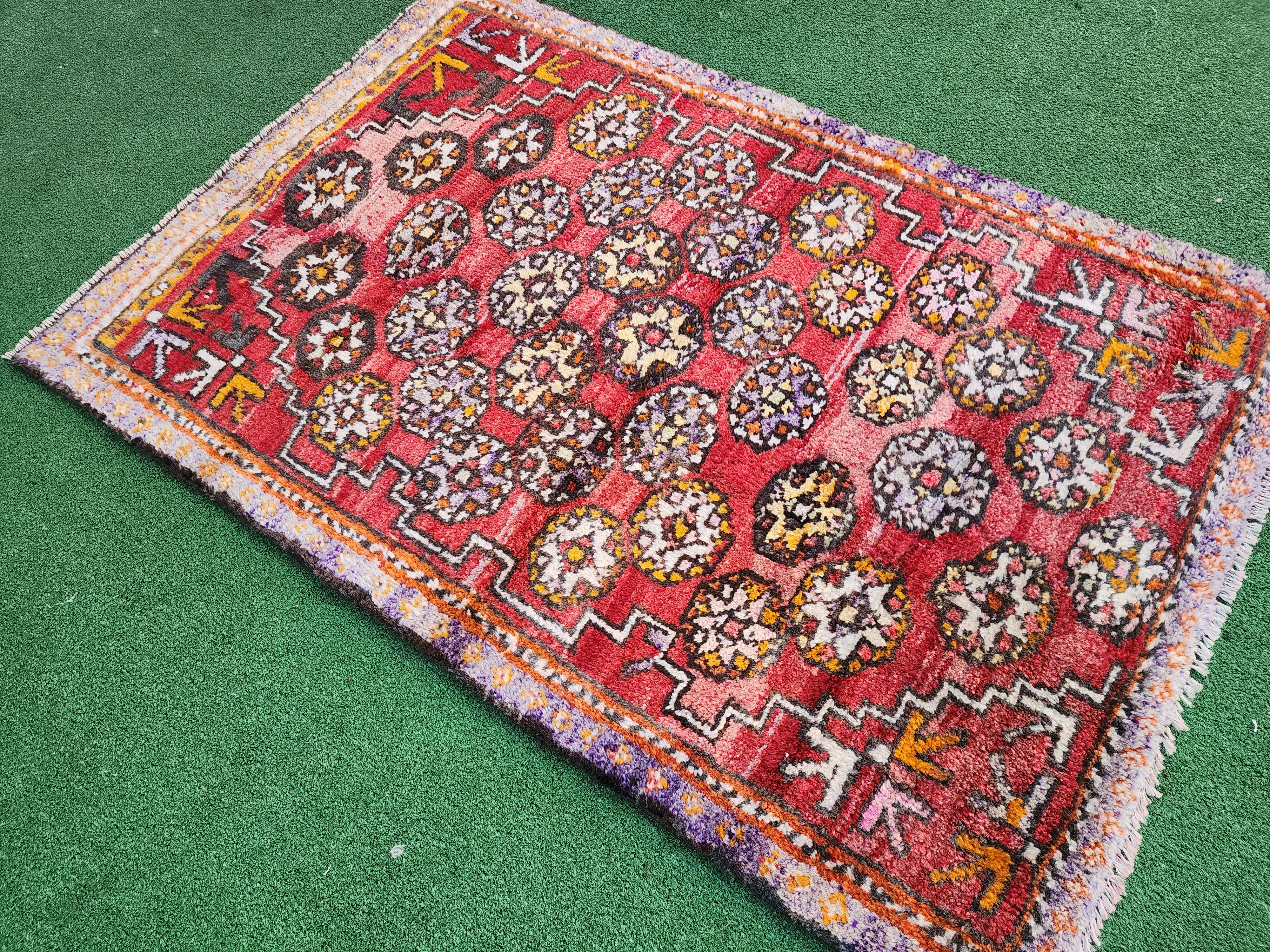 Antique Turkish Bergama Rug 3'1'' x 4'6'' Orange White and Brown Kilim Rug