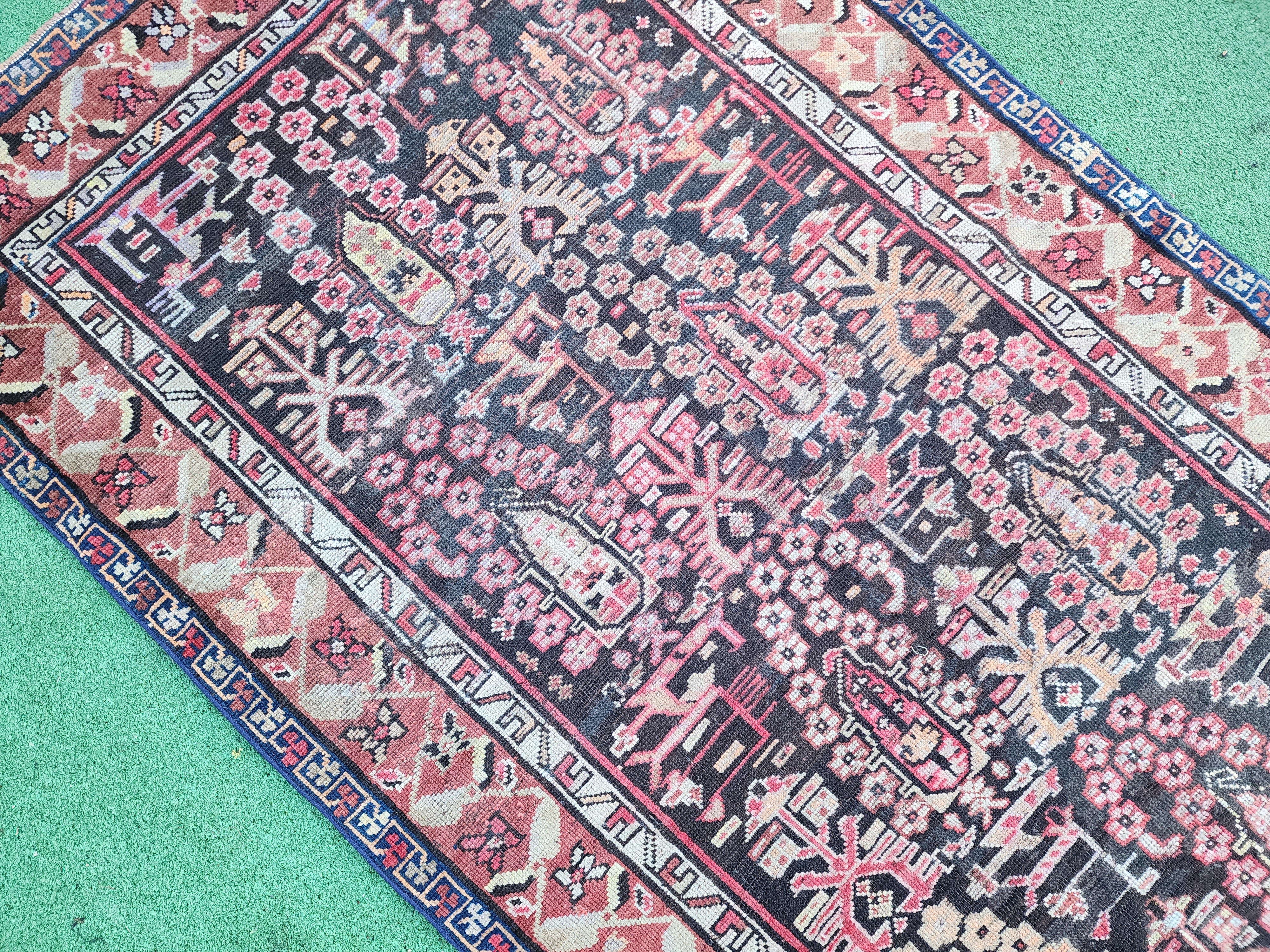 Antique Cacuasion Rug 6 ft 1 in x 3 ft 5 in, Red, Blue and White Floral Design Turkish Small Runner Rug Handmade fron Natural Wool