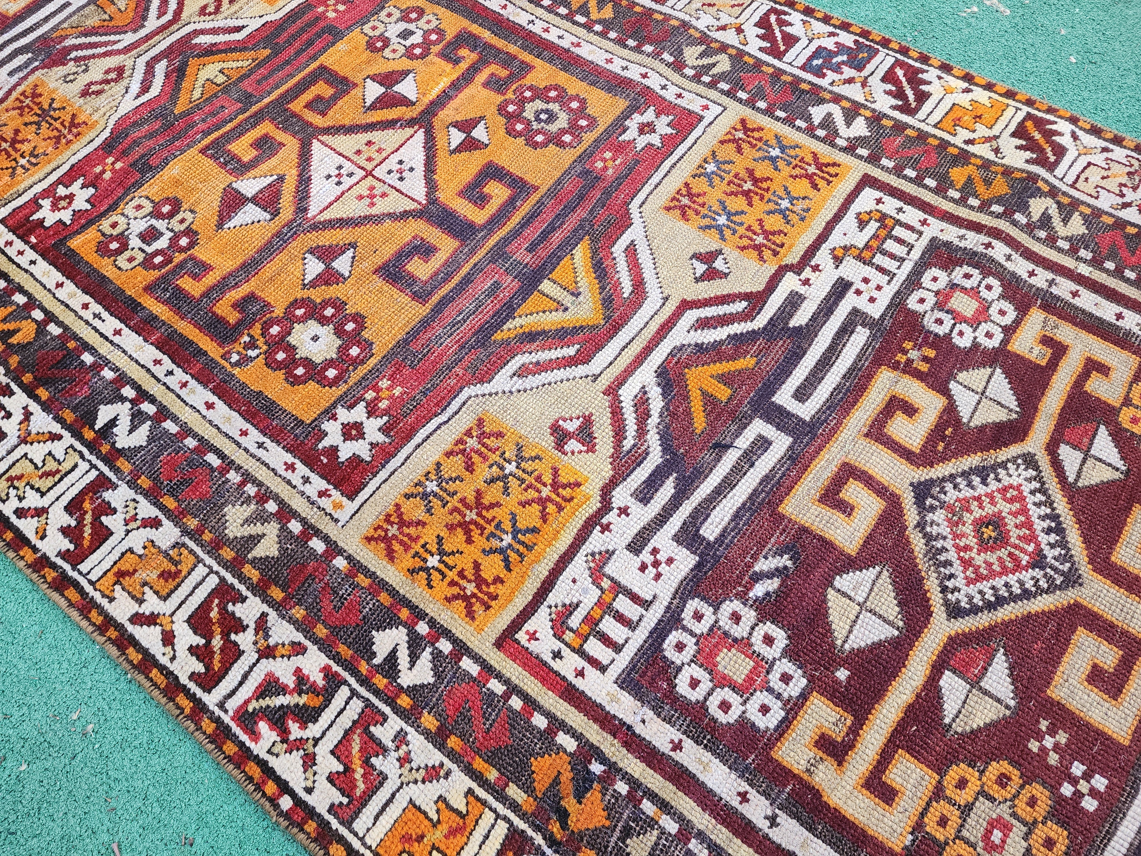 antique Caucasian Wool Runner Rug — pattern close-up