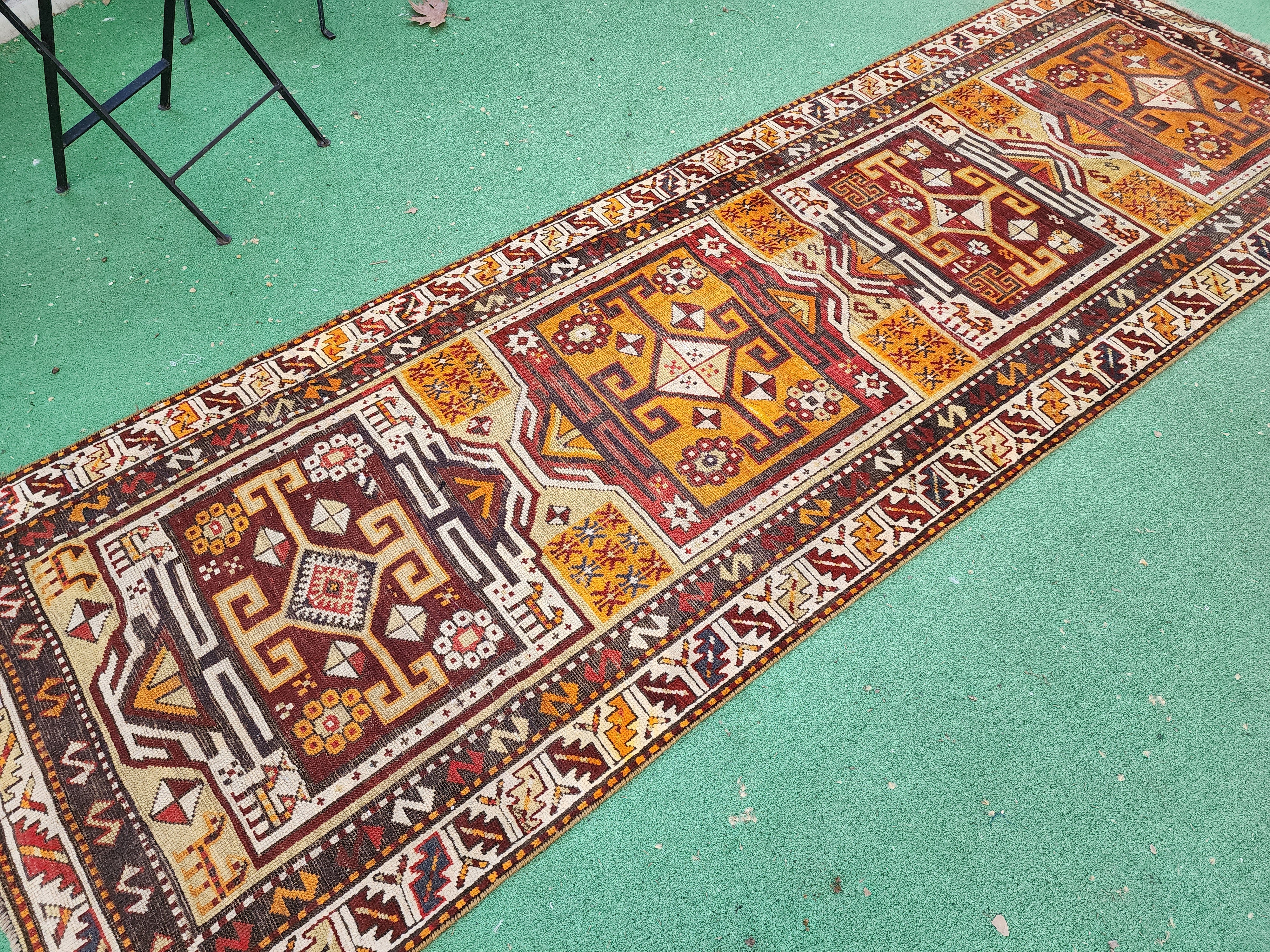 antique Caucasian Wool Runner Rug — border pattern