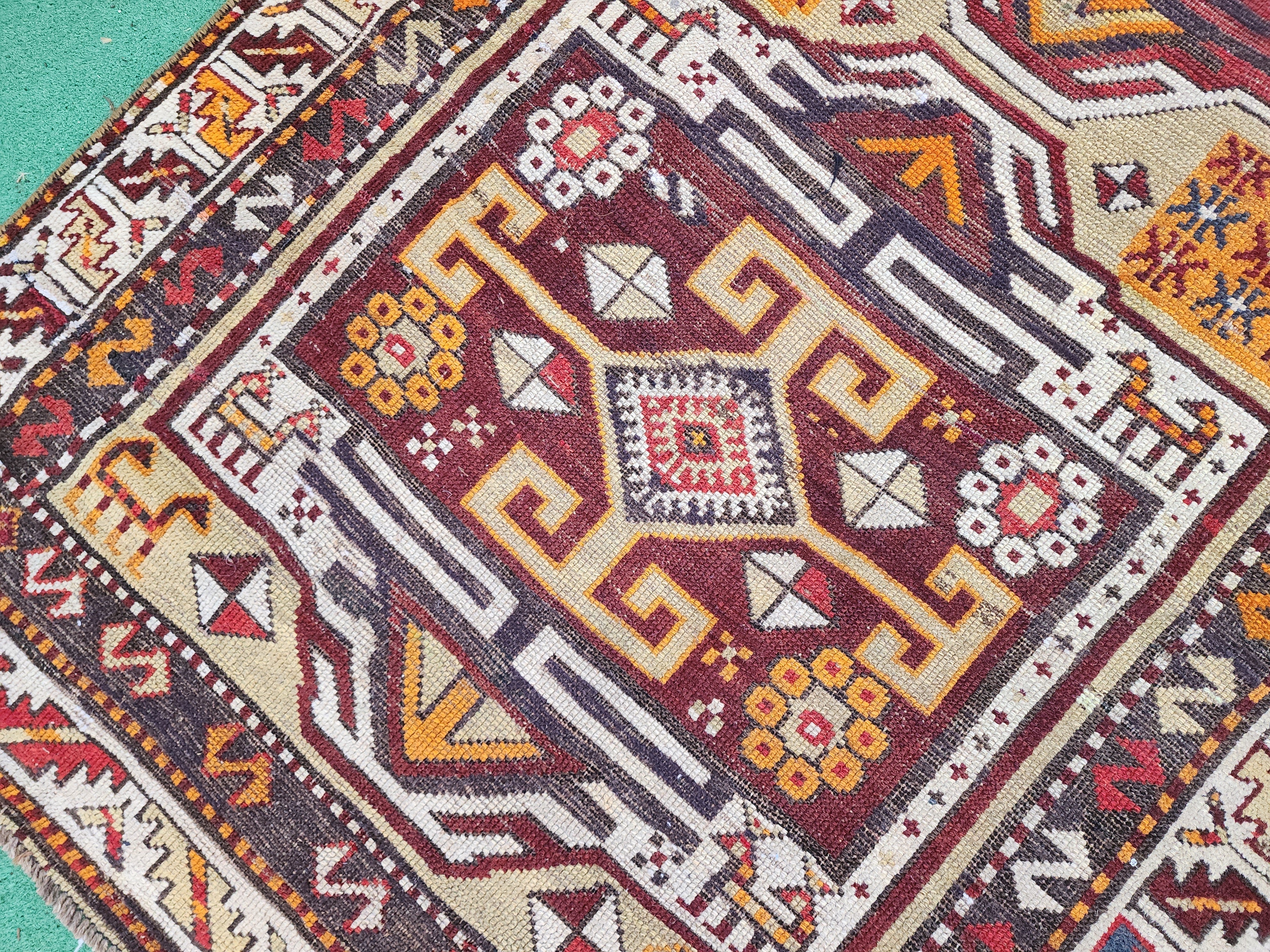 antique Caucasian Wool Runner Rug — colour close-up