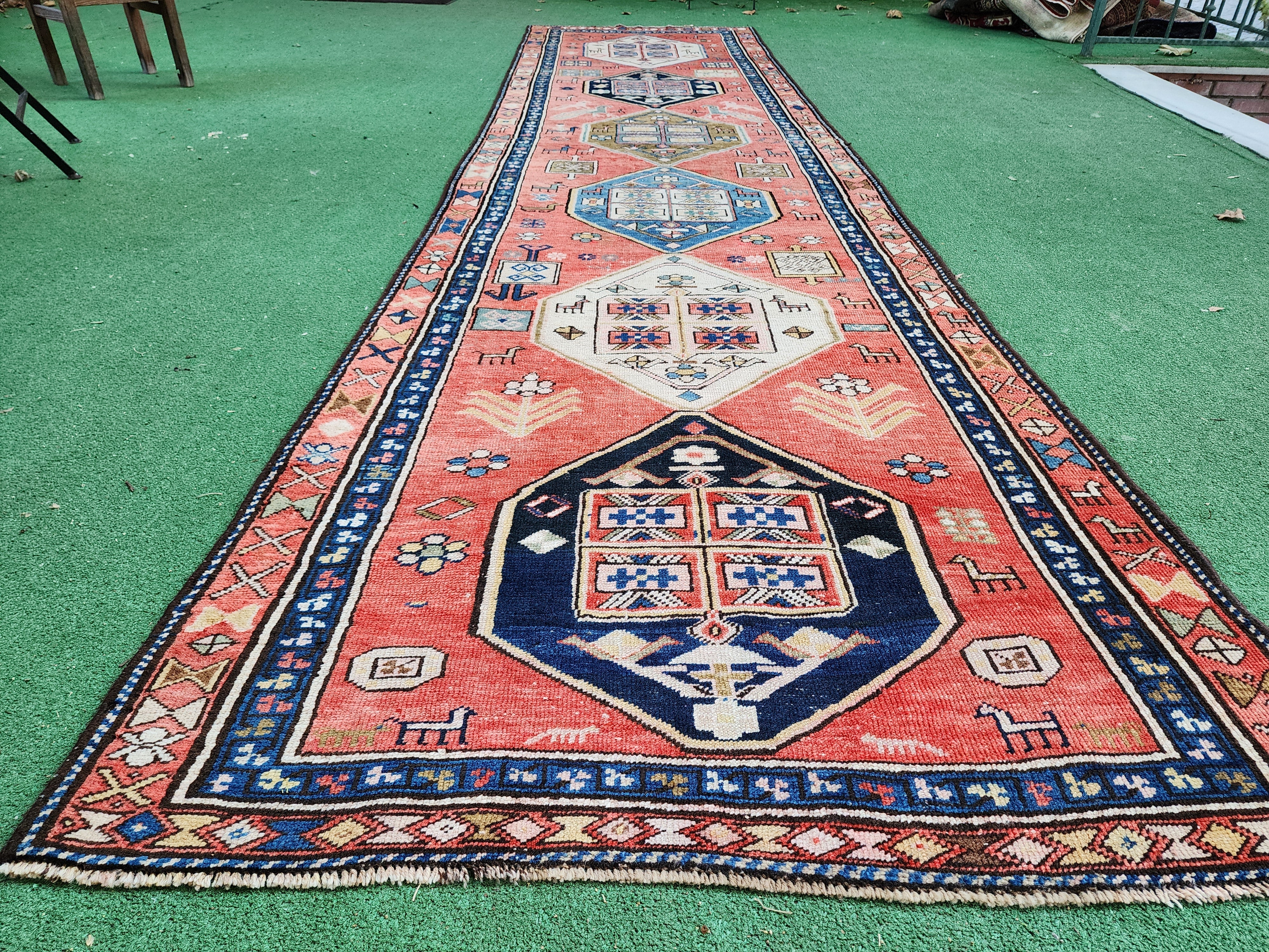 antique Caucasian Runner Rug — colour close-up