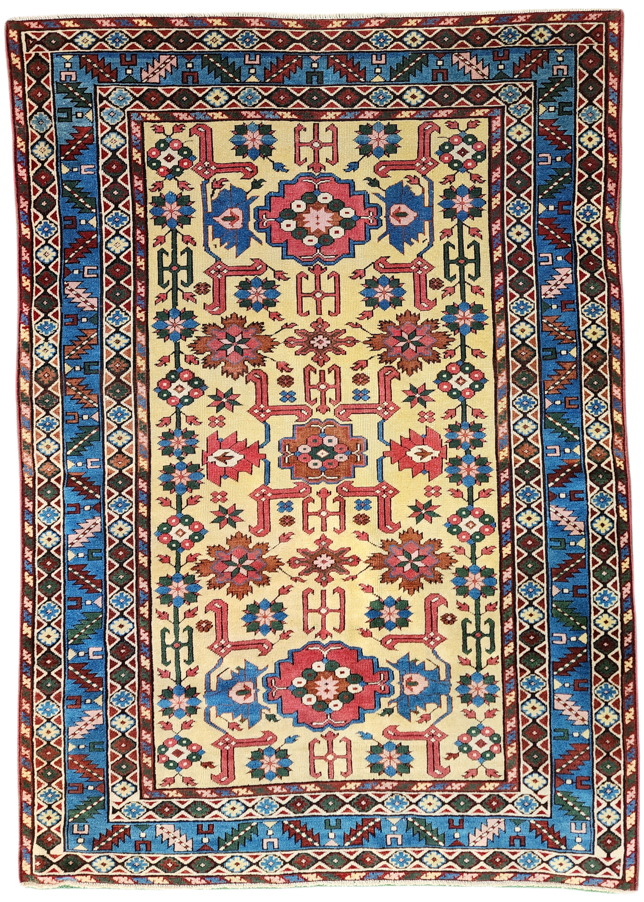 Antique Caucasian Shirvan Rug 6 x 4 ft, Yellow Blue and Red Tribal Caucasian Area Rug